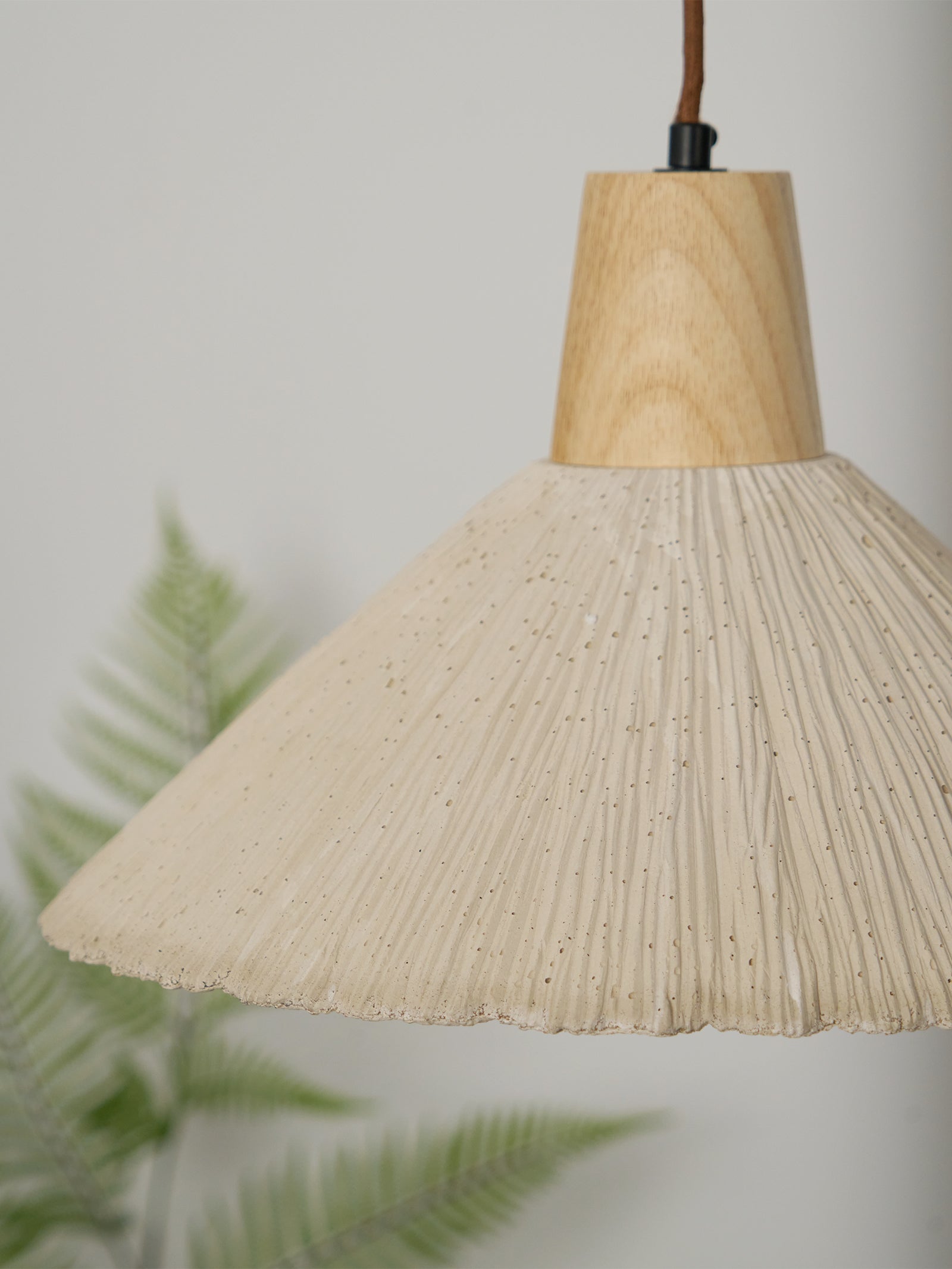 Pendant Lamp Wood Top Textured Cement Shade Grey Natural Japandi - Letslighting