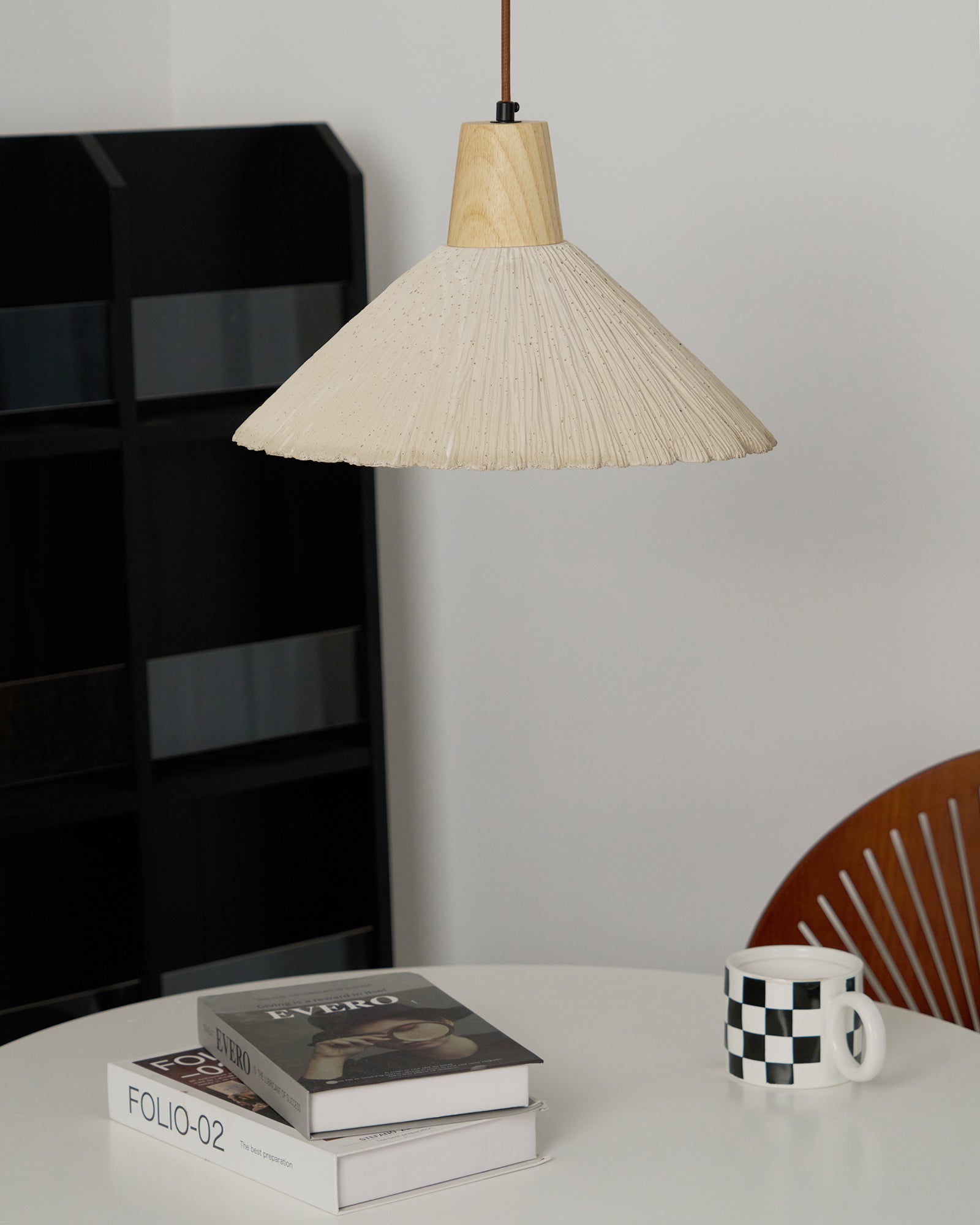 Pendant Lamp Wood Top Textured Cement Shade Grey Natural Japandi - Letslighting