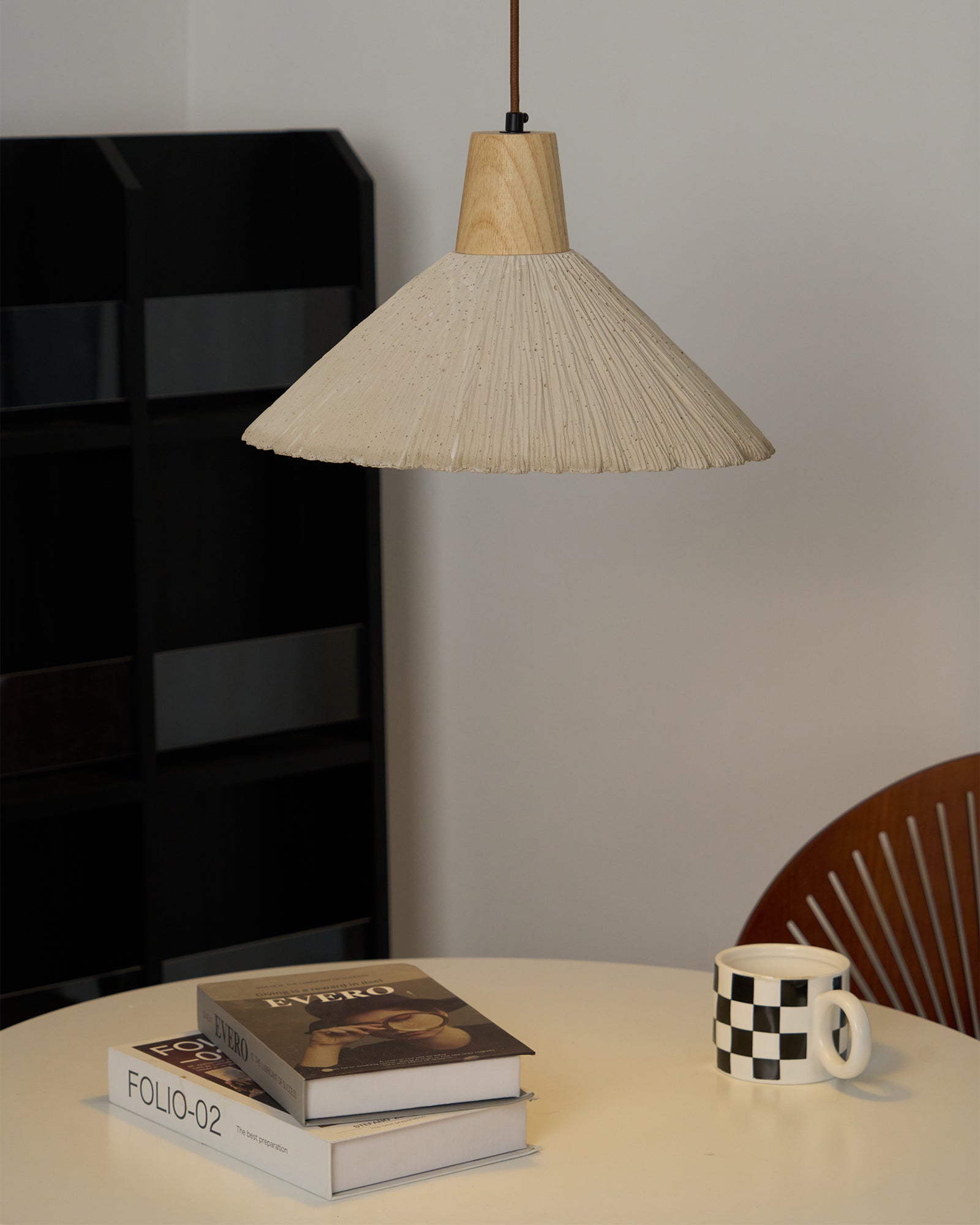 Pendant Lamp Wood Top Textured Cement Shade Grey Natural Japandi - Letslighting