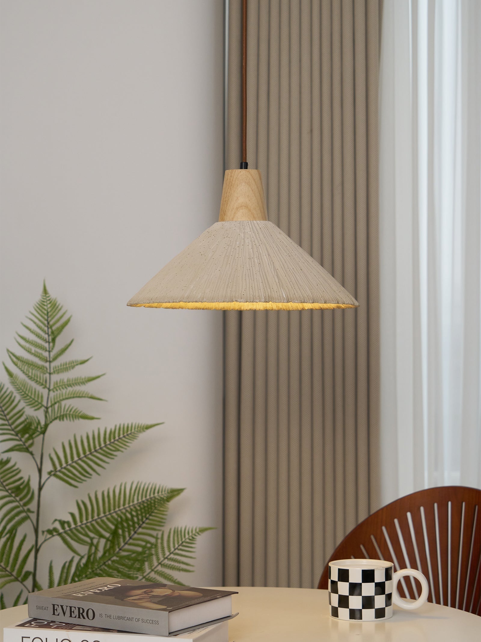 Pendant Lamp Wood Top Textured Cement Shade Grey Natural Japandi - Letslighting