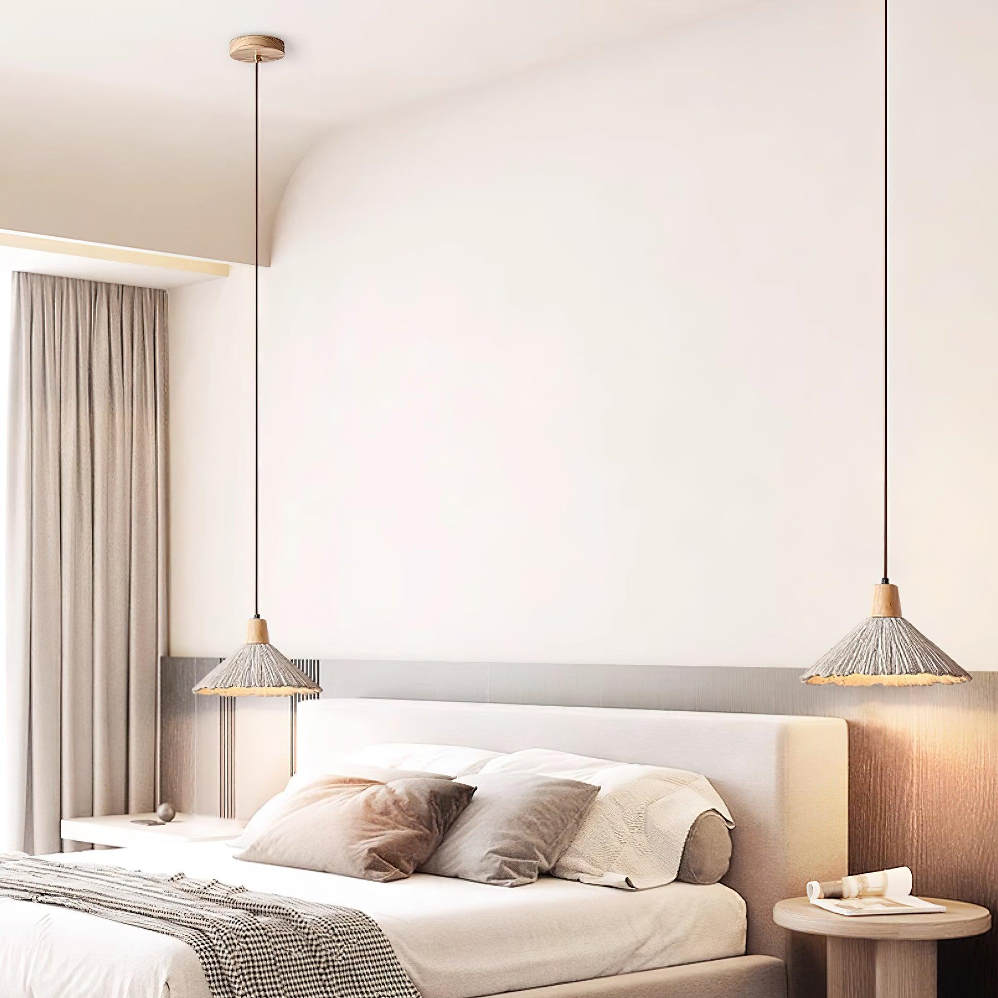 Pendant Lamp Wood Top Textured Cement Shade Grey Natural Japandi - Letslighting
