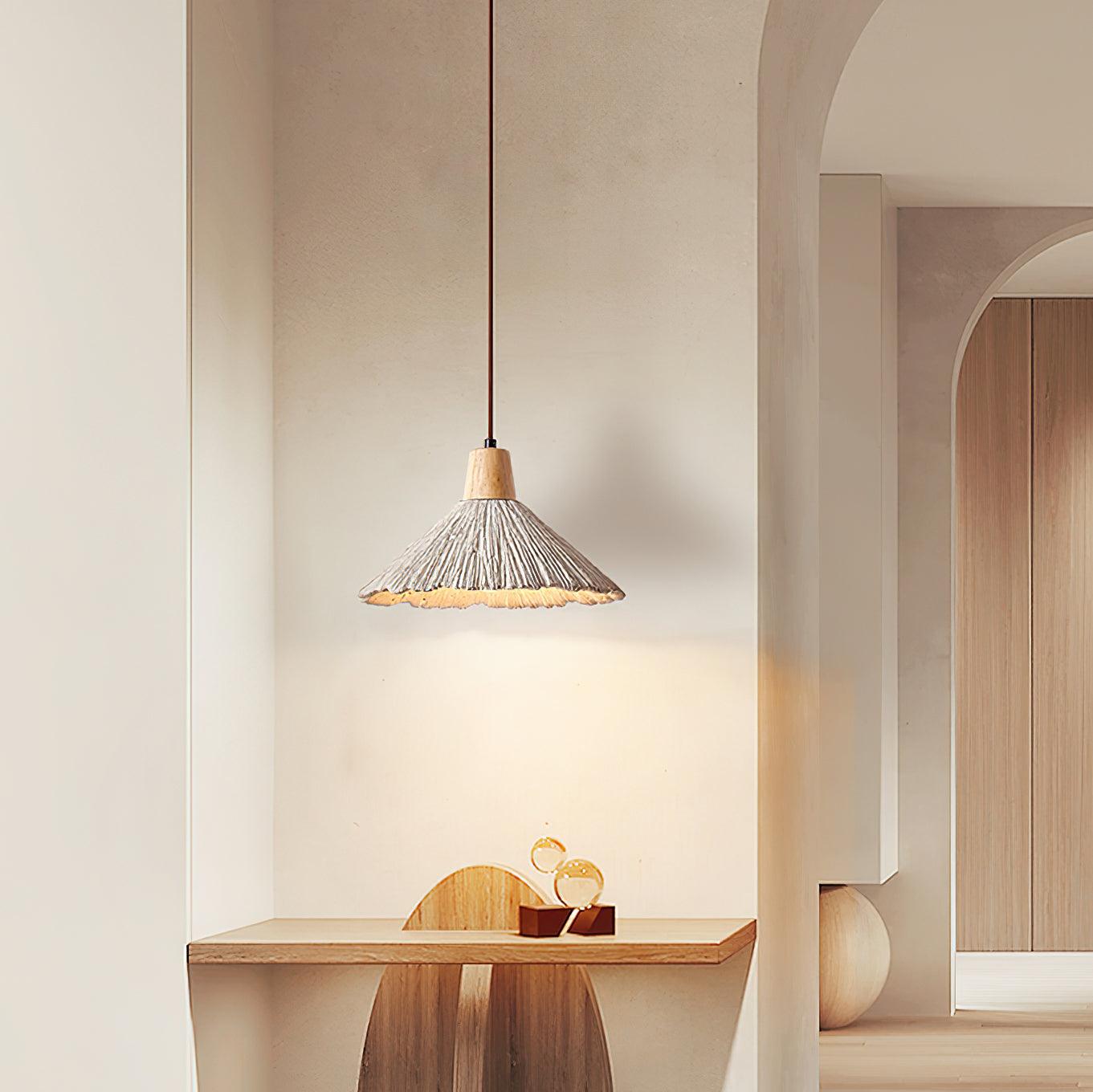 Pendant Lamp Wood Top Textured Cement Shade Grey Natural Japandi - Letslighting