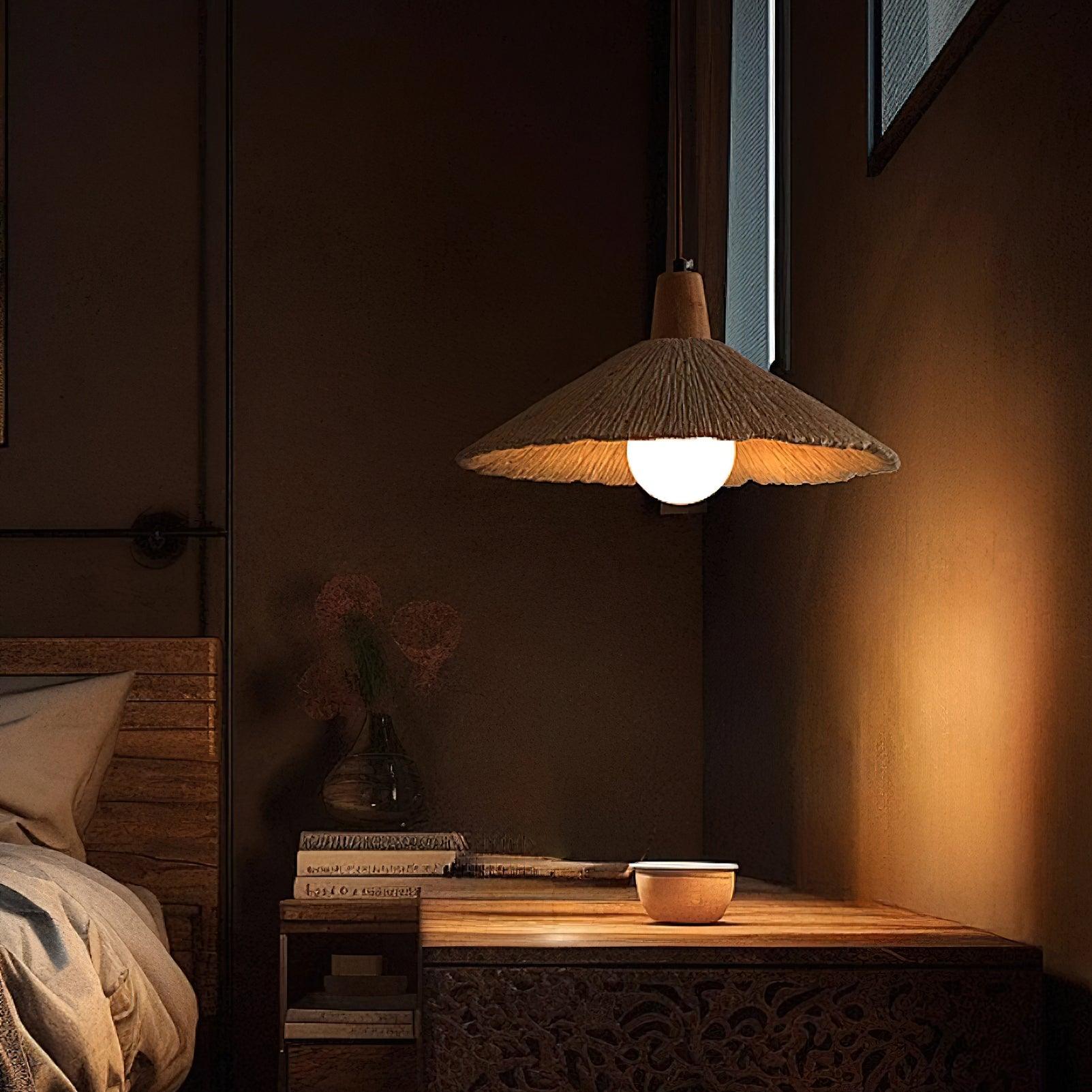 Pendant Lamp Wood Top Textured Cement Shade Grey Natural Japandi - Letslighting