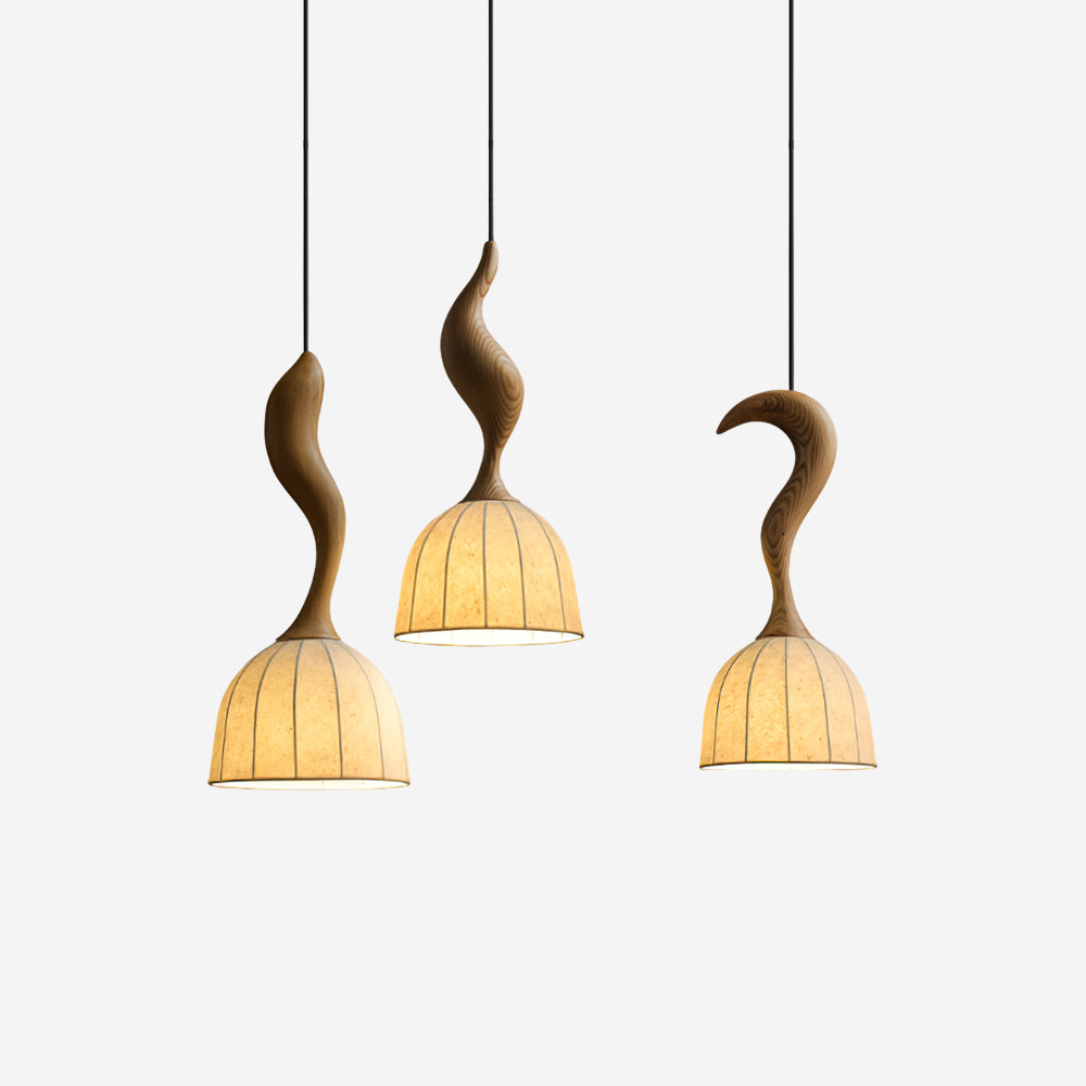 Solia Lampe Pendante Tige Courbée Tissu Bois - Neutralighting