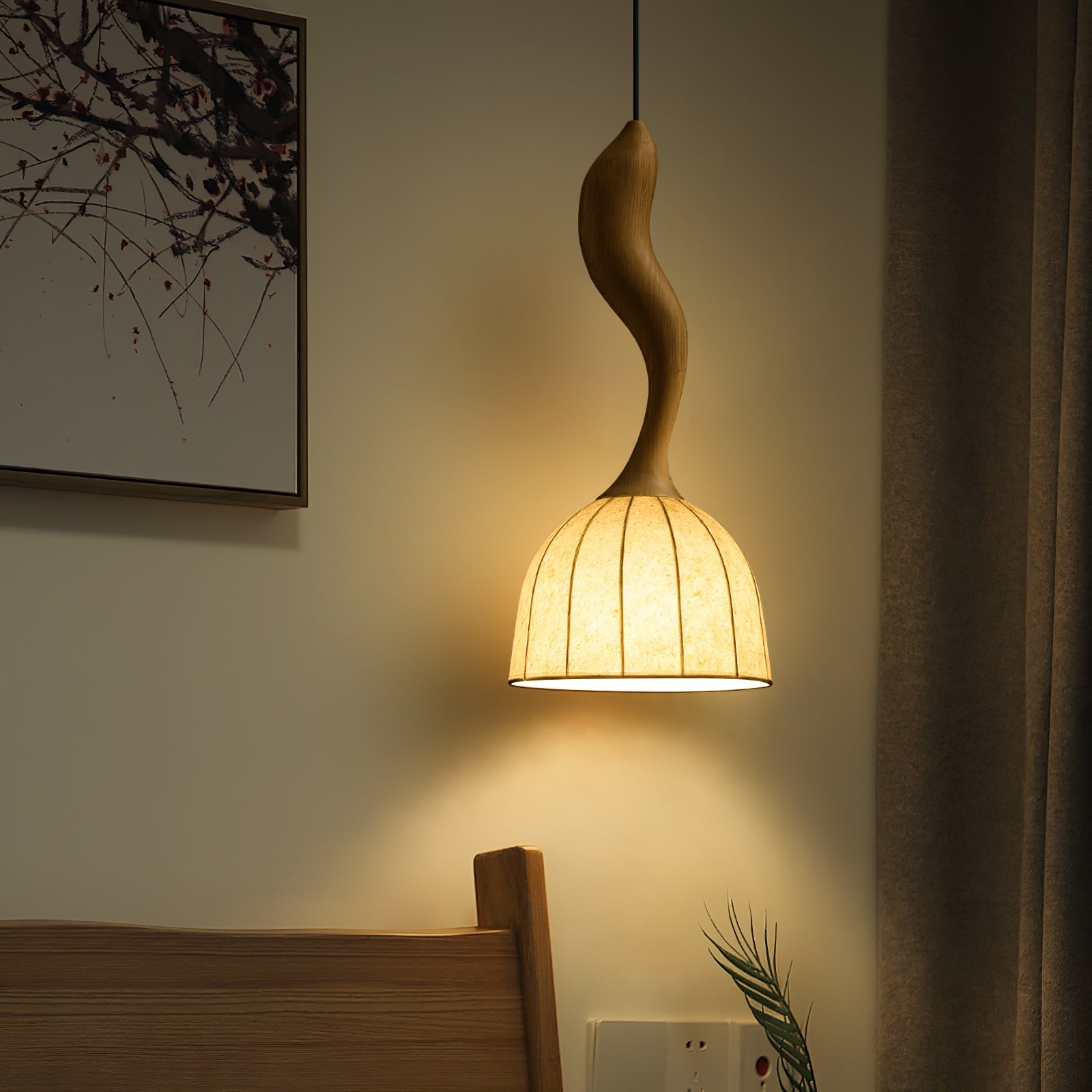 Solia Lampe Pendante Tige Courbée Tissu Bois - Neutralighting