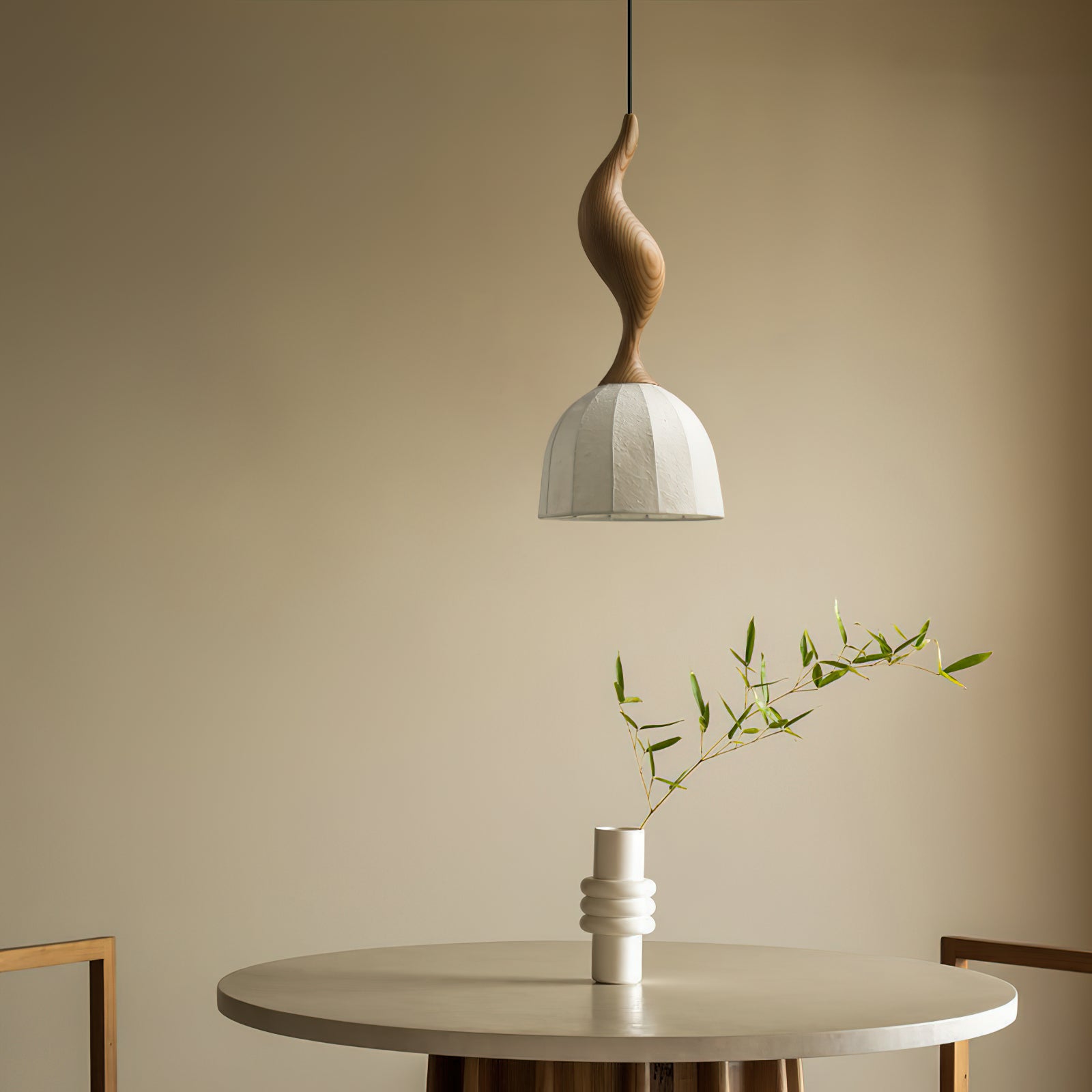 Solia Lampe Pendante Tige Courbée Tissu Bois - Neutralighting