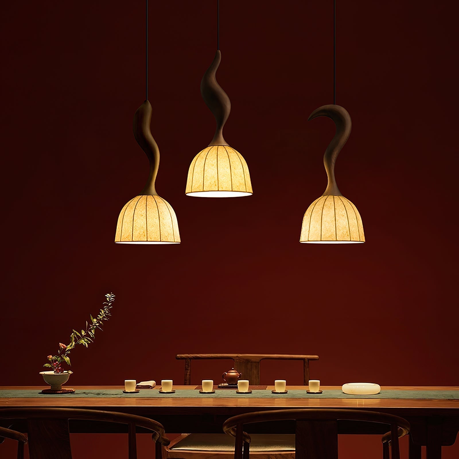 Solia Lampe Pendante Tige Courbée Tissu Bois - Neutralighting