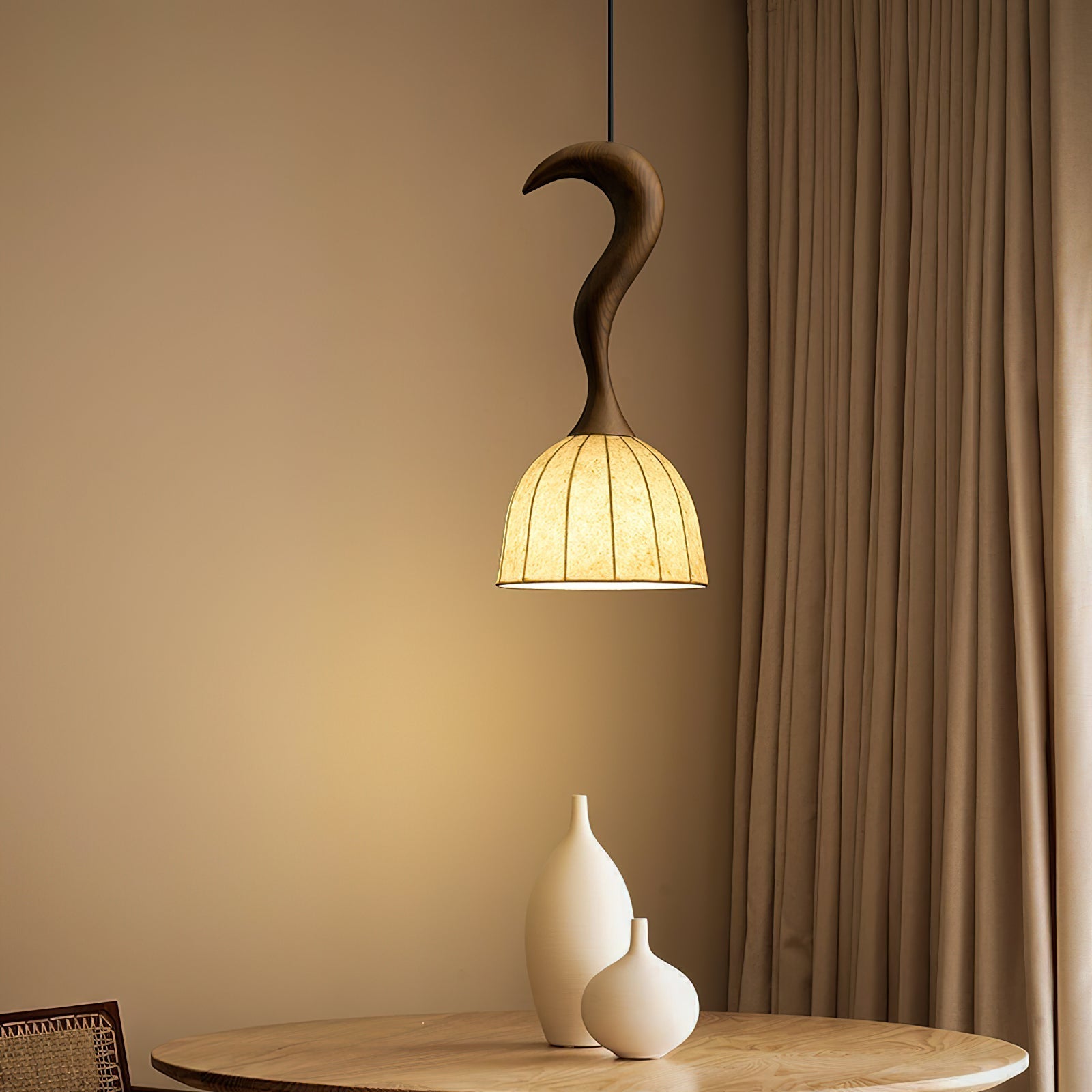 Solia Lampe Pendante Tige Courbée Tissu Bois - Neutralighting