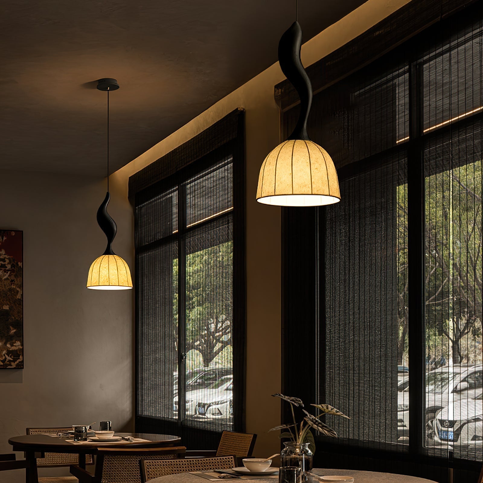 Solia Lampe Pendante Tige Courbée Tissu Bois - Neutralighting