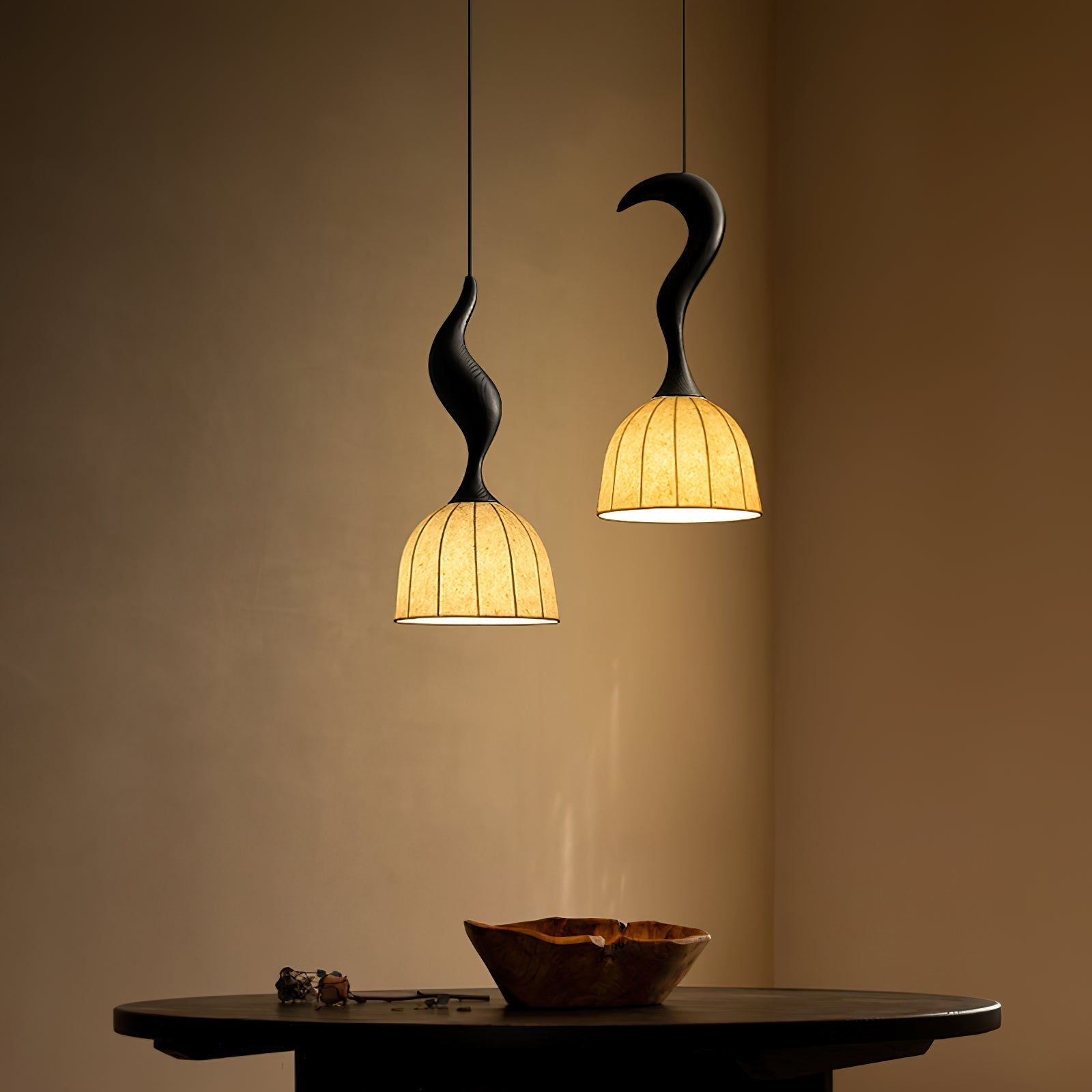Solia Lampe Pendante Tige Courbée Tissu Bois - Neutralighting