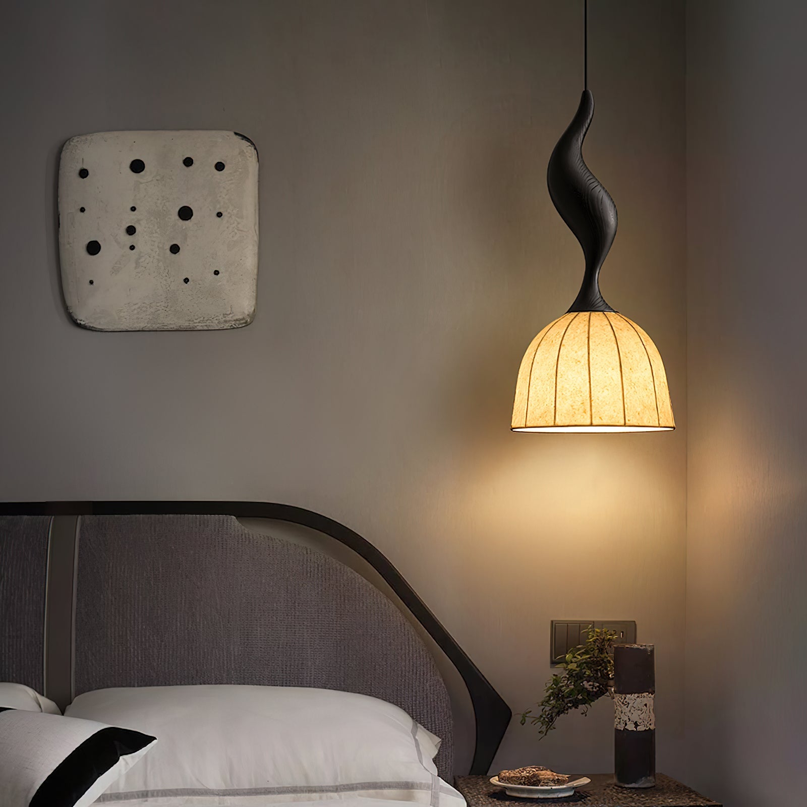 Solia Lampe Pendante Tige Courbée Tissu Bois - Neutralighting