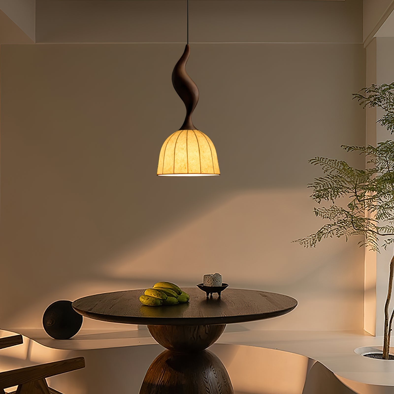 Solia Lampe Pendante Tige Courbée Tissu Bois - Neutralighting