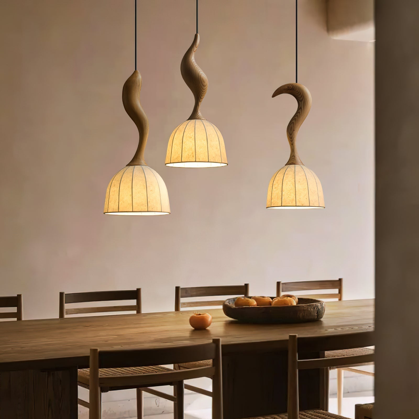 Solia Lampe Pendante Tige Courbée Tissu Bois - Neutralighting