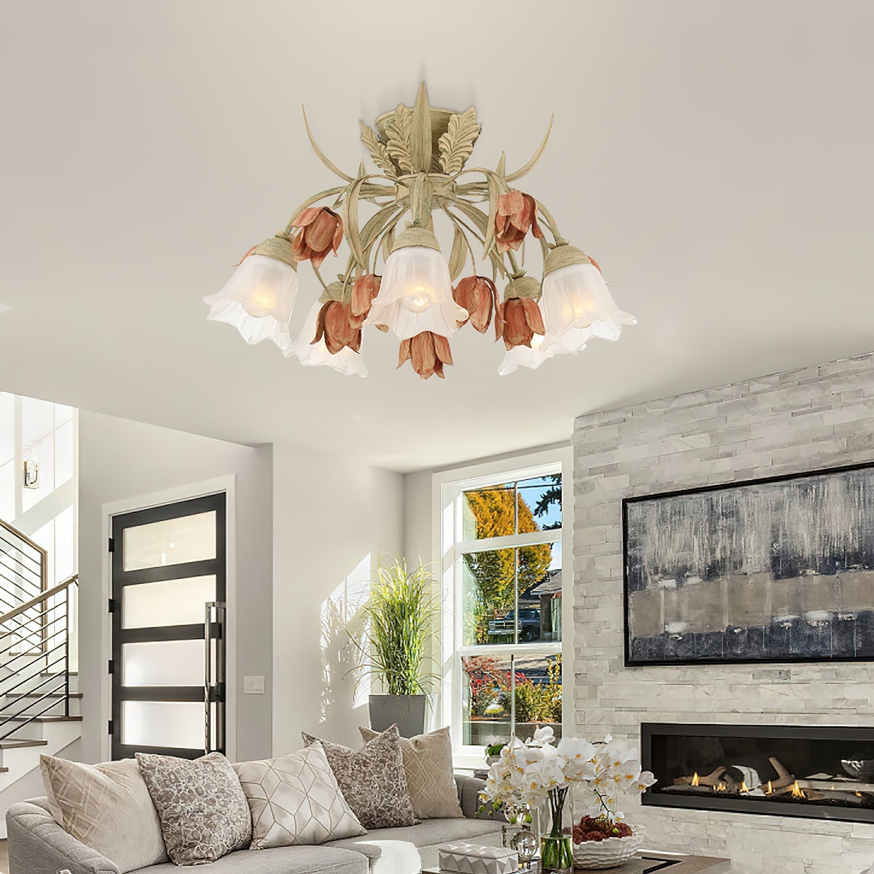 Veshael Elegance Art Sage Rose Glass Ceiling Lamp - Lamp Copper