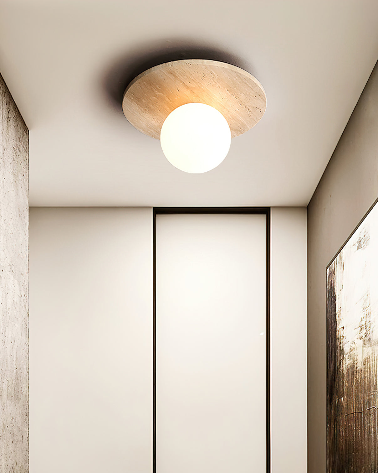 Virelli Lampe de Plafond Disque en Travertin avec Globe en Verre Scandi Cozy - Neutralighting