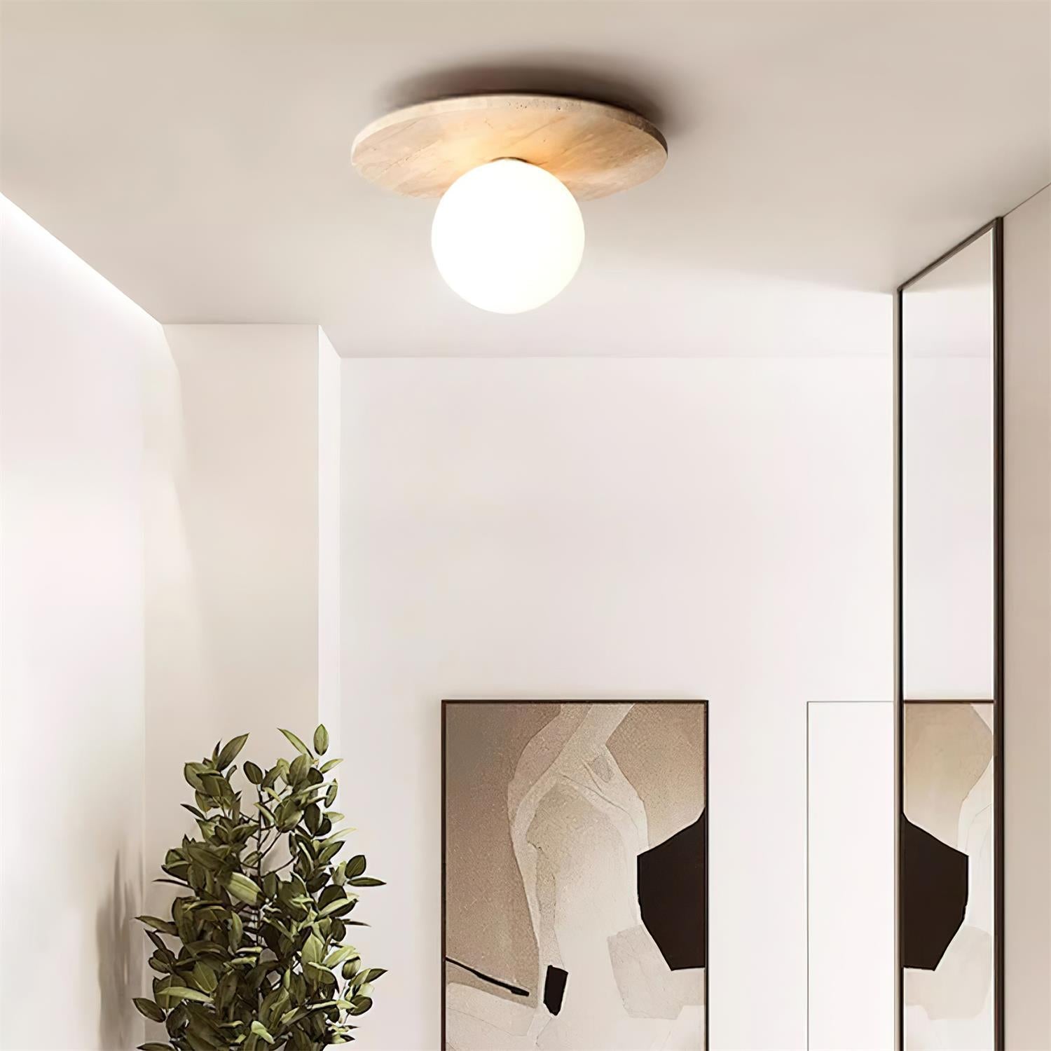 Virelli Lampe de Plafond Disque en Travertin avec Globe en Verre Scandi Cozy - Neutralighting