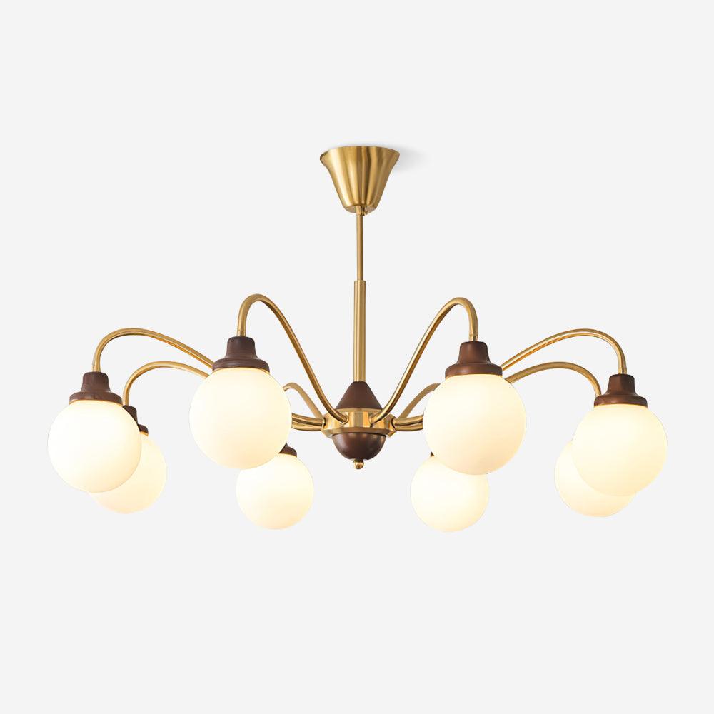 Chandelier Gold Arms&Ash Wood White Glass Globes Retro - Letslighting