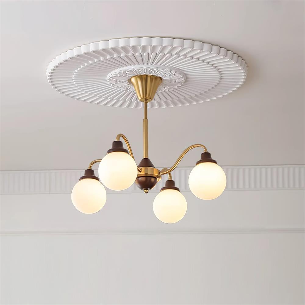 Chandelier Gold Arms&Ash Wood White Glass Globes Retro - Letslighting