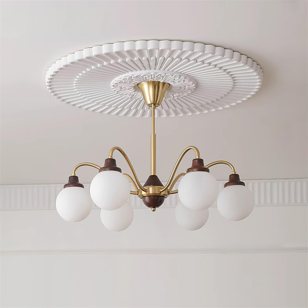 Chandelier Gold Arms&Ash Wood White Glass Globes Retro - Letslighting