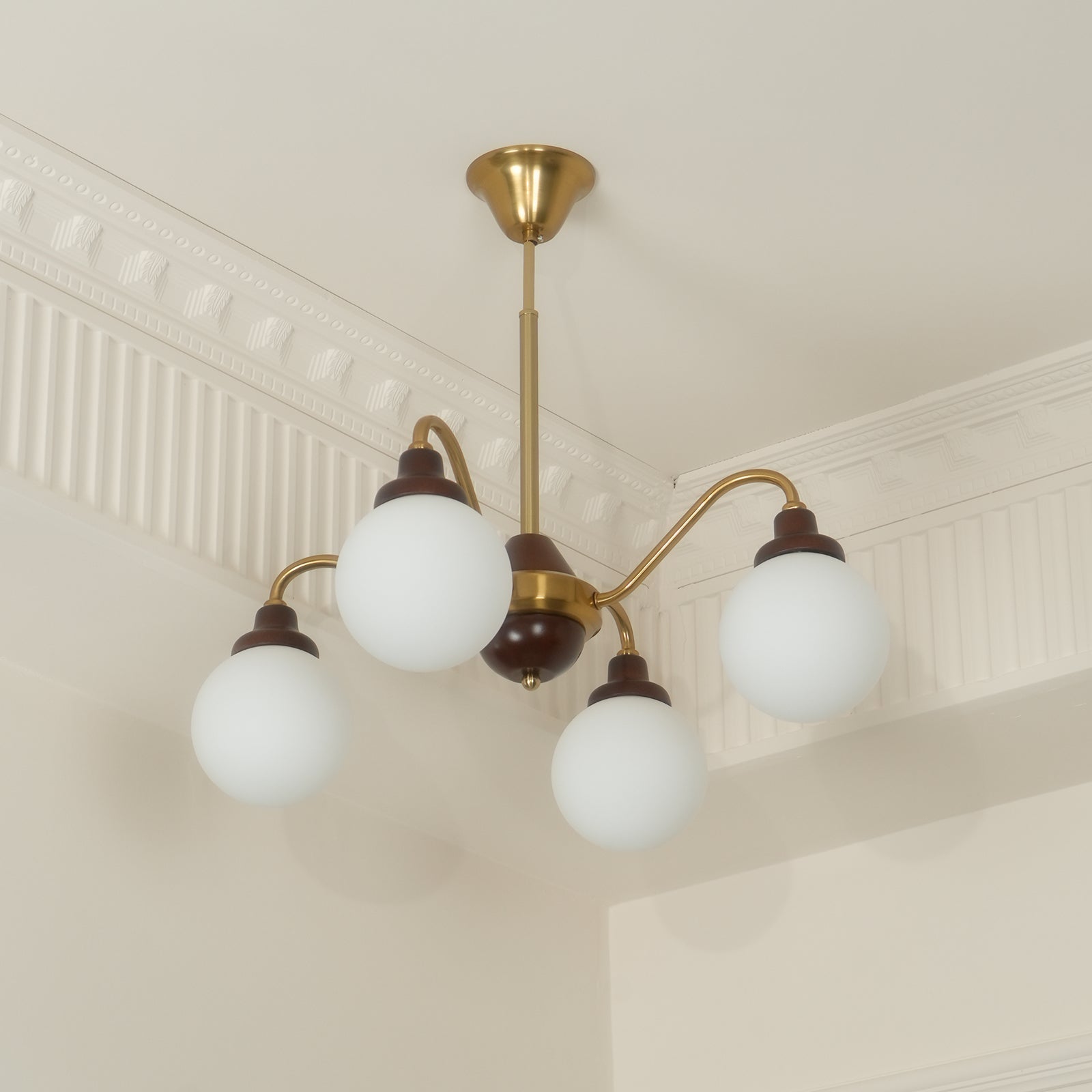 Chandelier Gold Arms&Ash Wood White Glass Globes Retro - Letslighting
