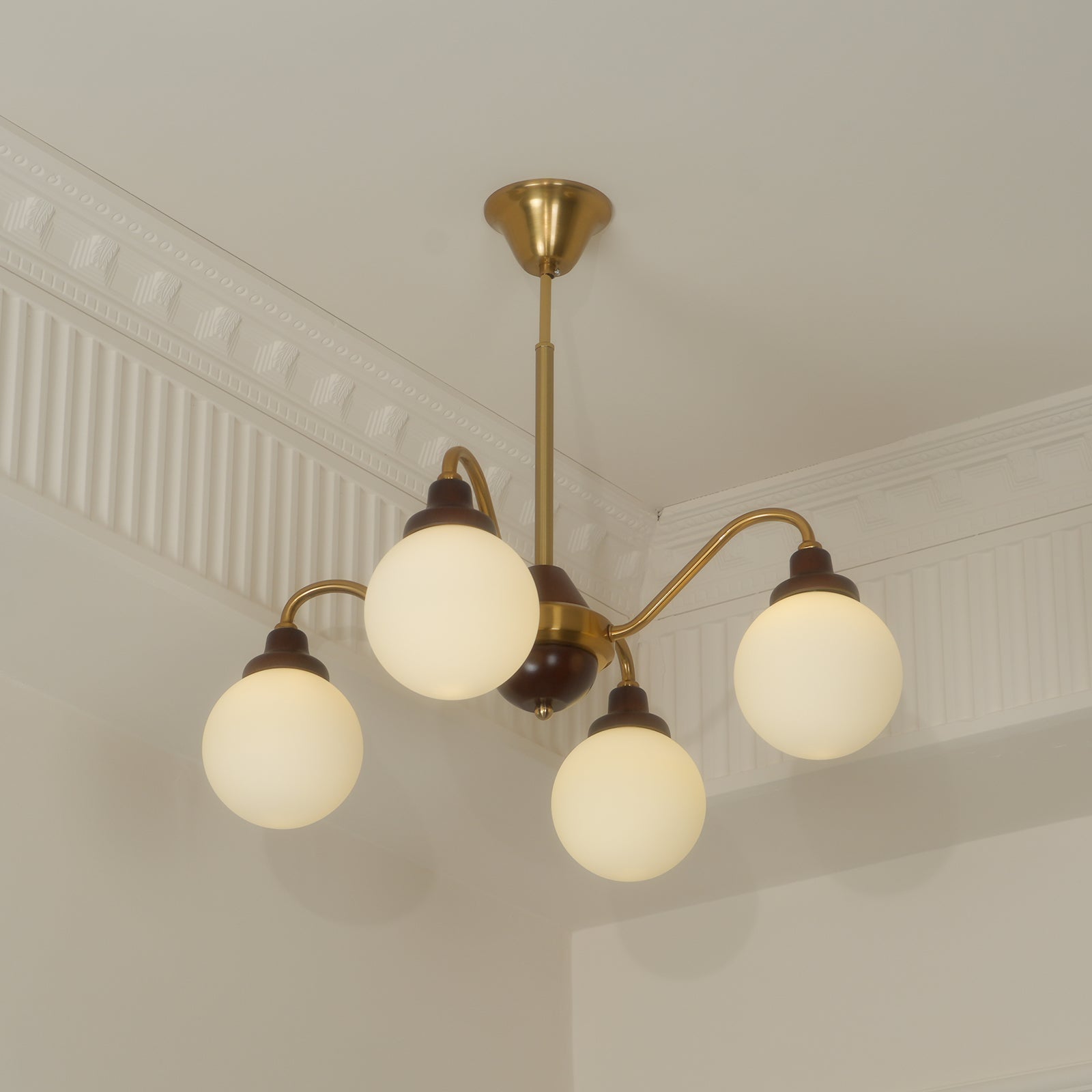 Chandelier Gold Arms&Ash Wood White Glass Globes Retro - Letslighting