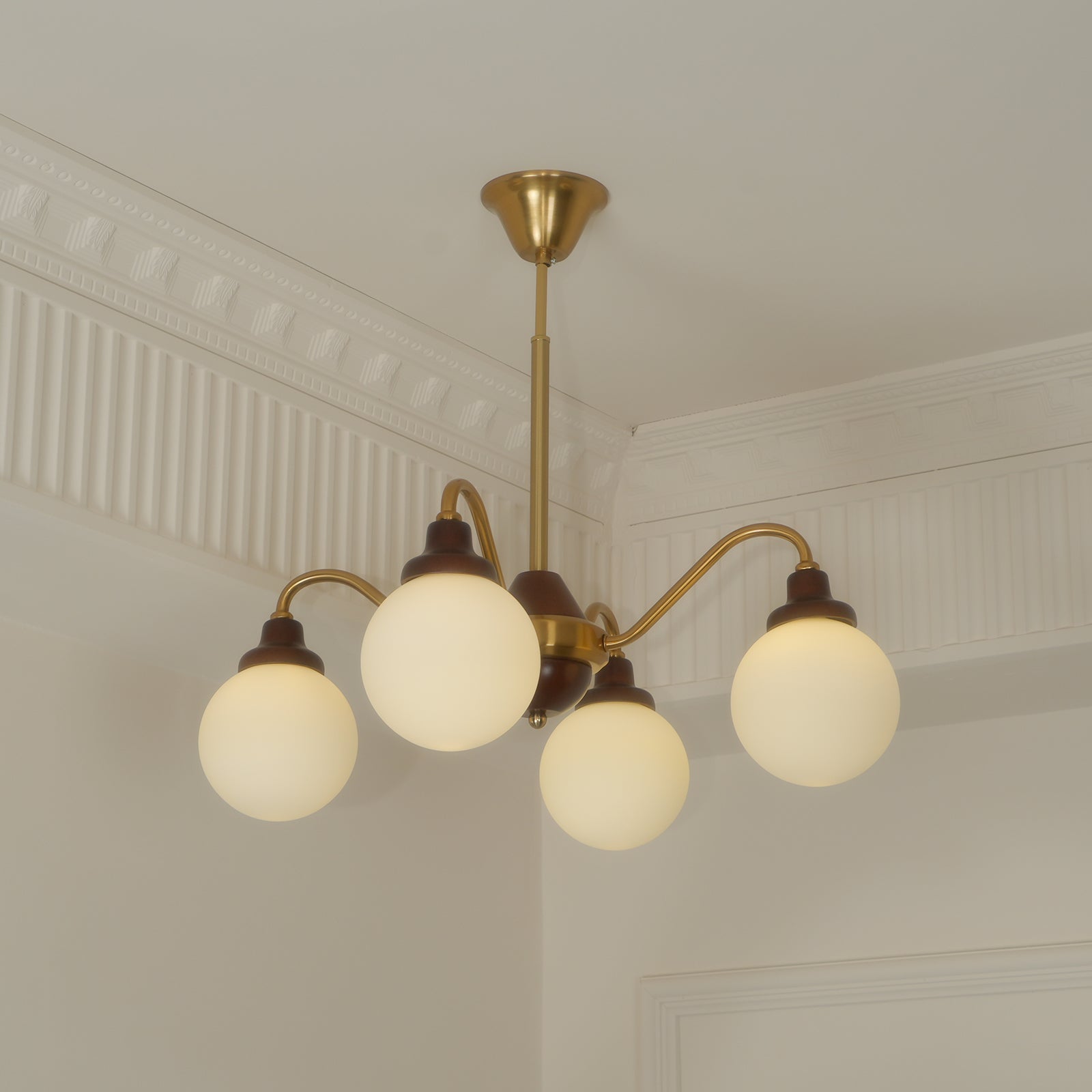 Chandelier Gold Arms&Ash Wood White Glass Globes Retro - Letslighting