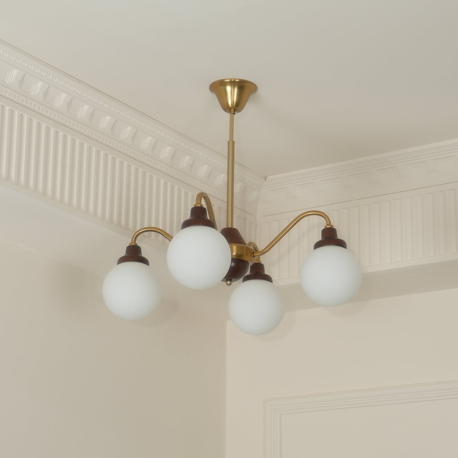Chandelier Gold Arms&Ash Wood White Glass Globes Retro - Letslighting