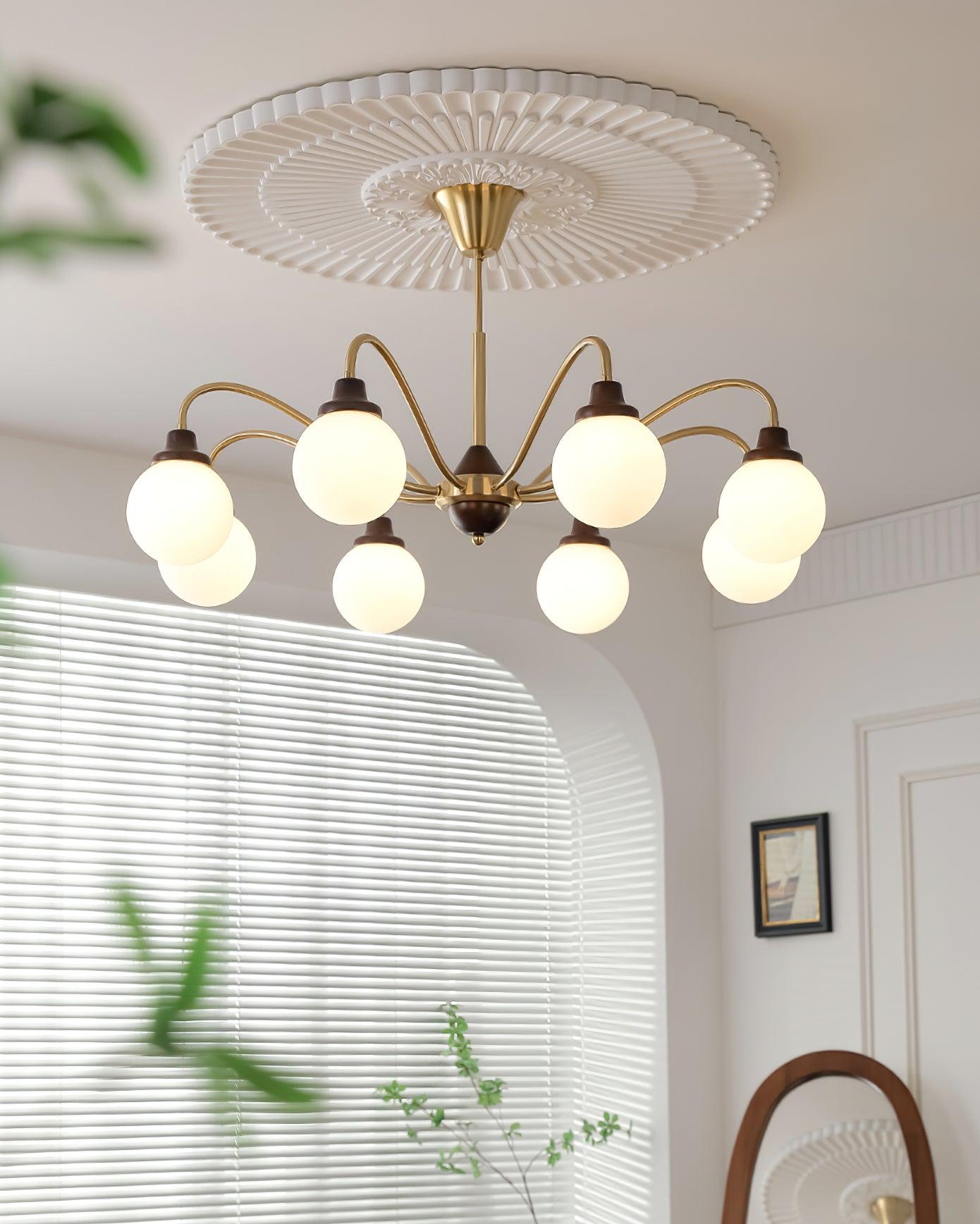 Chandelier Gold Arms&Ash Wood White Glass Globes Retro - Letslighting