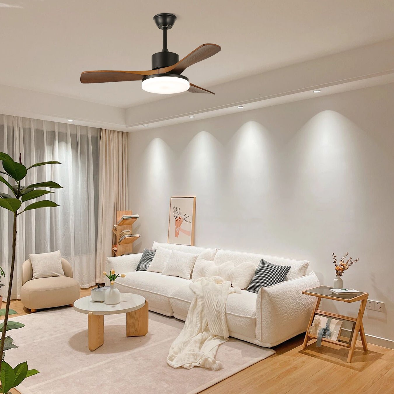 Plafonnier ventilateur Darian minimaliste en bois dans un intérieur moderne