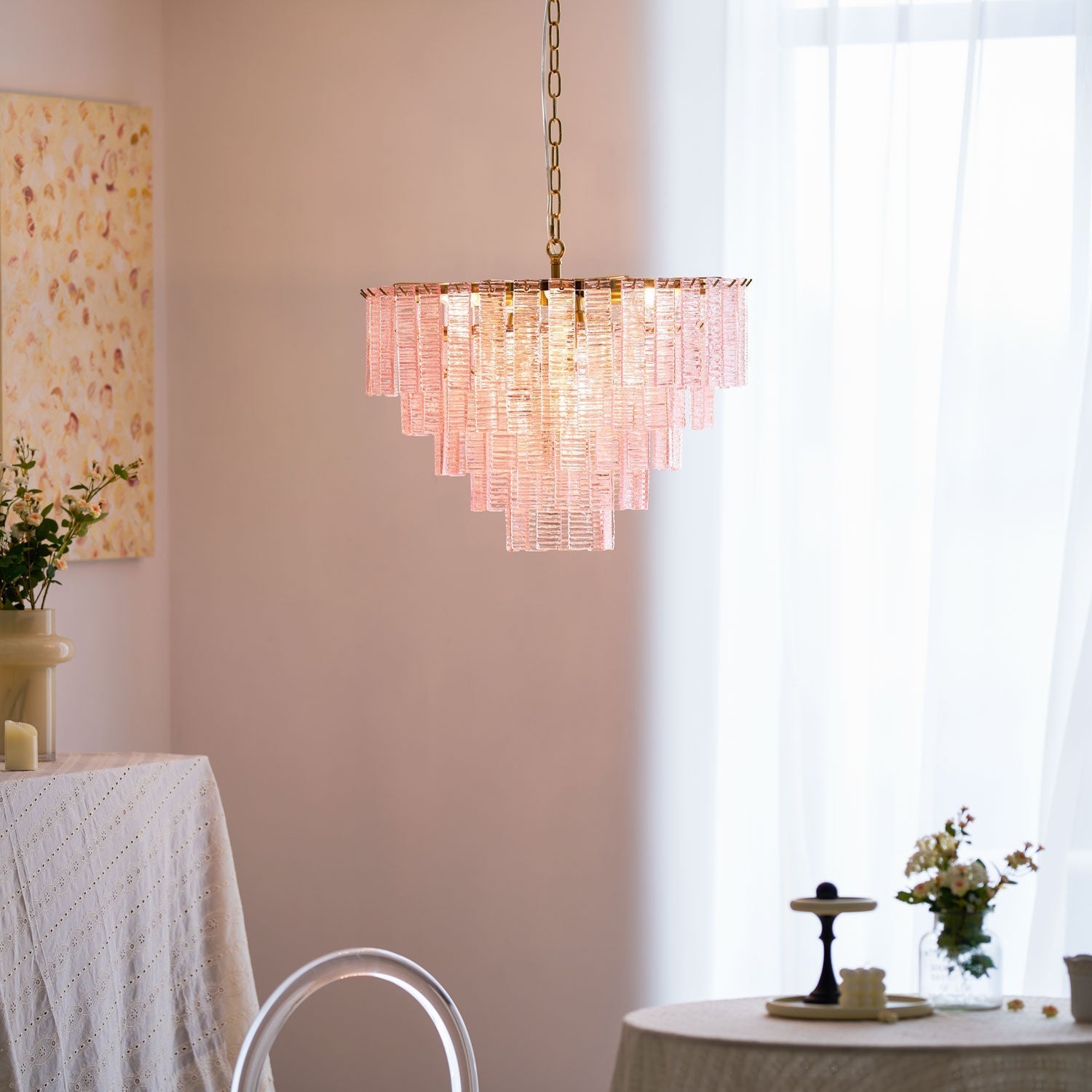 Aurora Chandelier Pink Murano Glass Layered Vintage Luxury - Letslighting