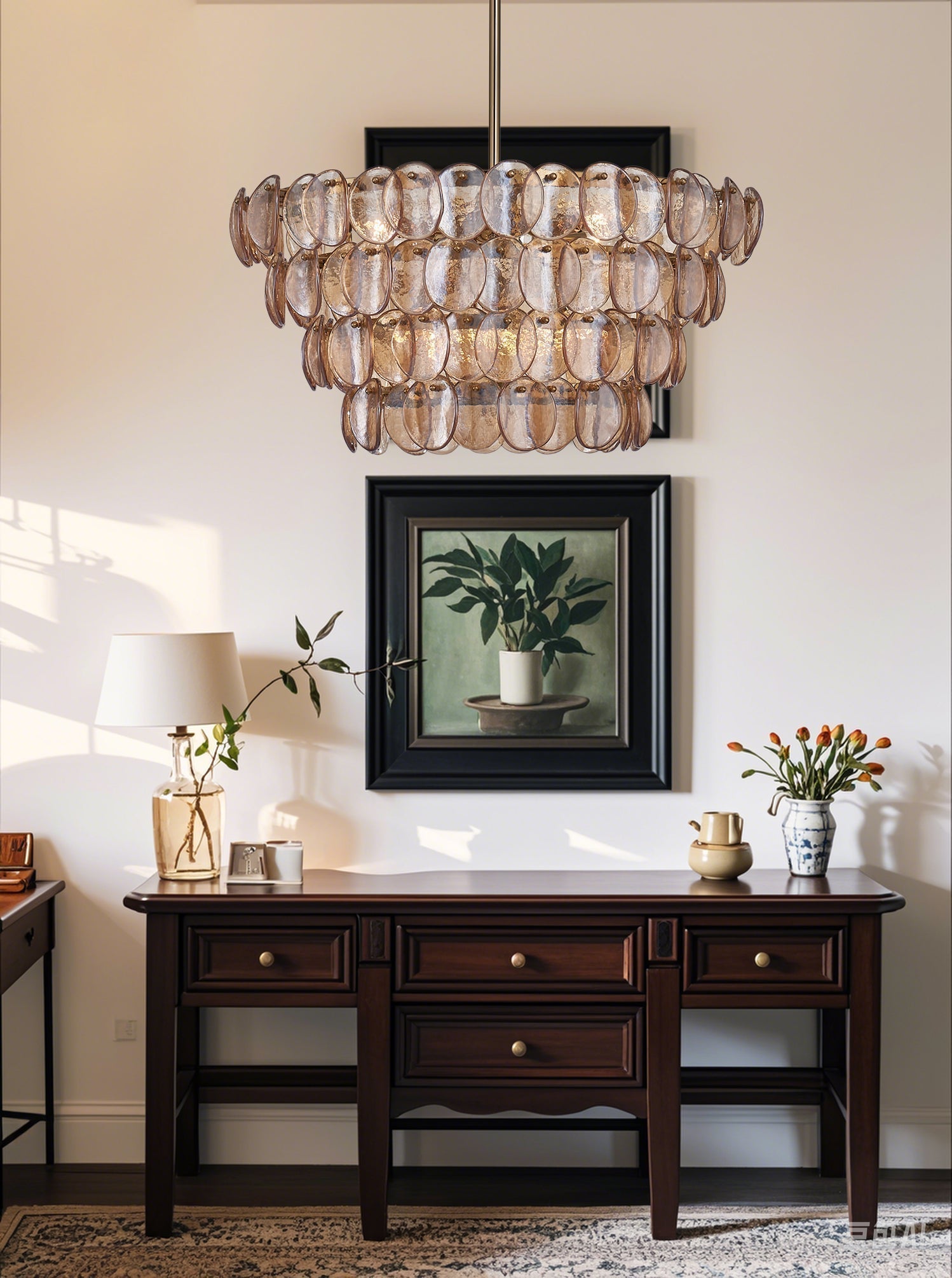 Aurora Chandelier Amber Glass Disc Fish Scale Brass - Letslighting