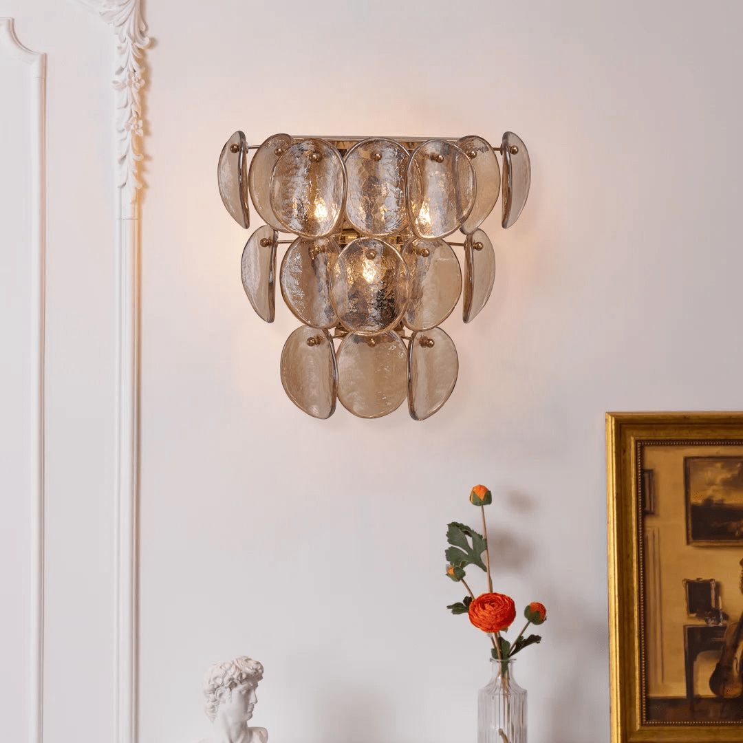 Aurora Wall Lamp Amber Glass Disc Fish Scale Brass - Letslighting
