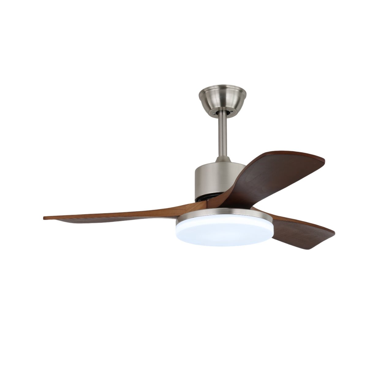 Plafonnier ventilateur Selora en laiton et bois, illustrant les différentes vitesses du ventilateur.