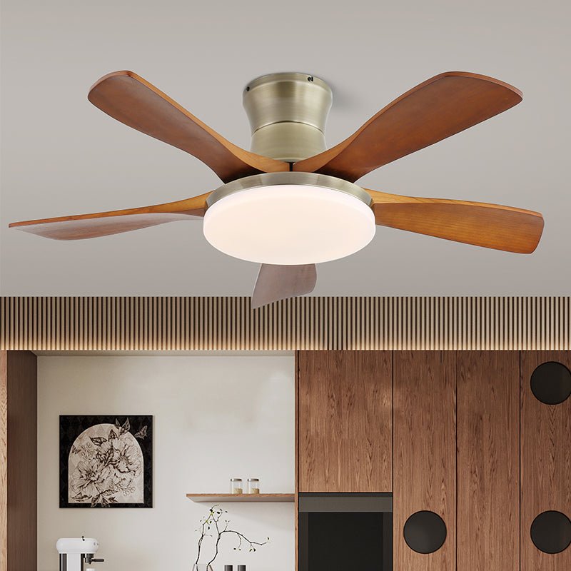 Plafonnier ventilateur Elara moderne en laiton et bois, Modèle G