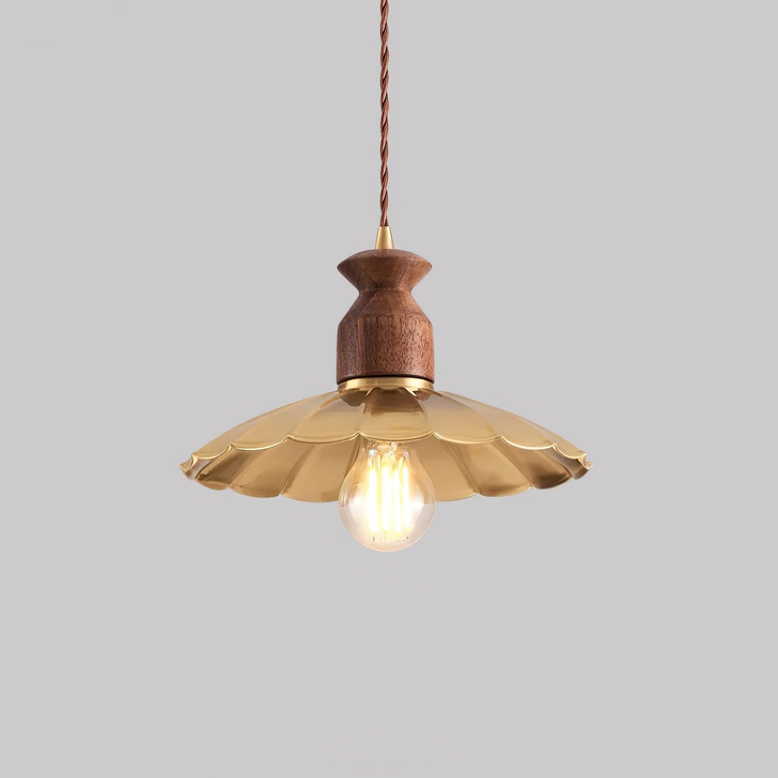 Pendant Lamp Scalloped Brass Shade Walnut Wood Vintage - Letslighting