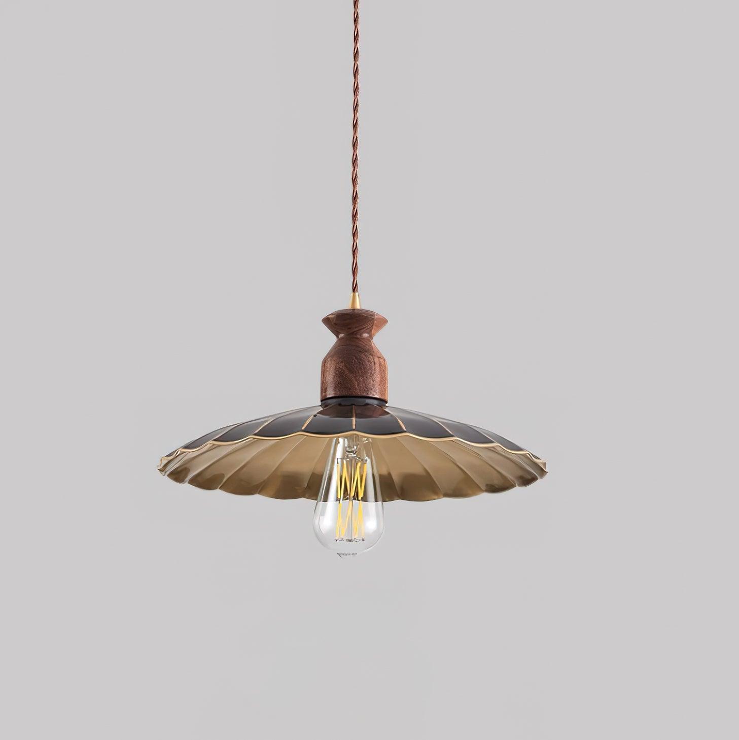 Pendant Lamp Scalloped Brass Shade Walnut Wood Vintage - Letslighting
