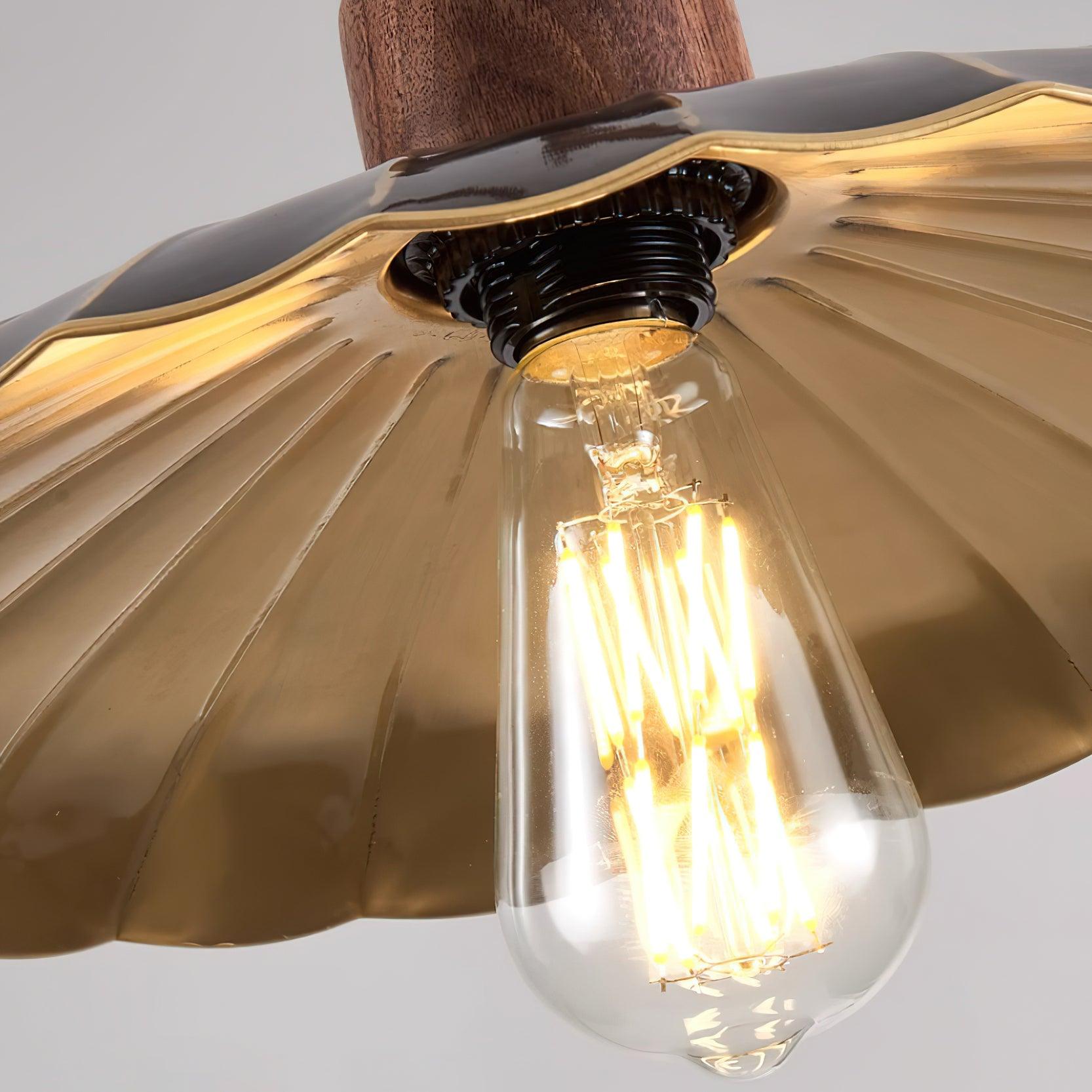 Pendant Lamp Scalloped Brass Shade Walnut Wood Vintage - Letslighting
