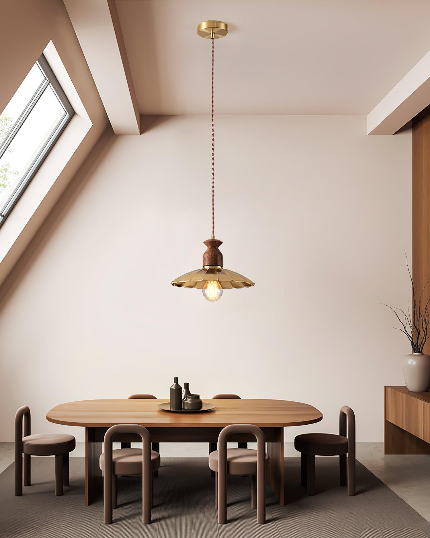 Pendant Lamp Scalloped Brass Shade Walnut Wood Vintage - Letslighting