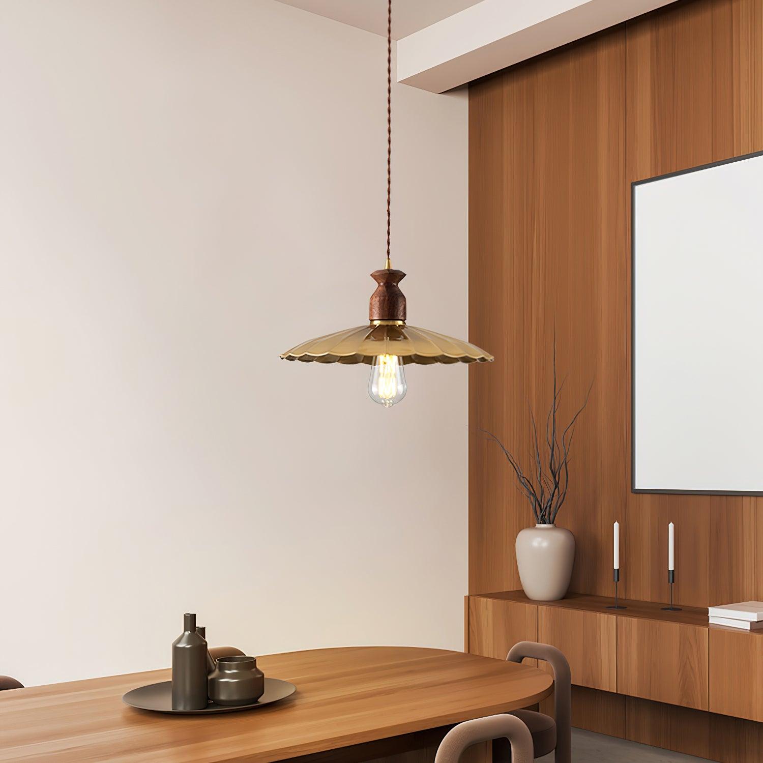 Pendant Lamp Scalloped Brass Shade Walnut Wood Vintage - Letslighting