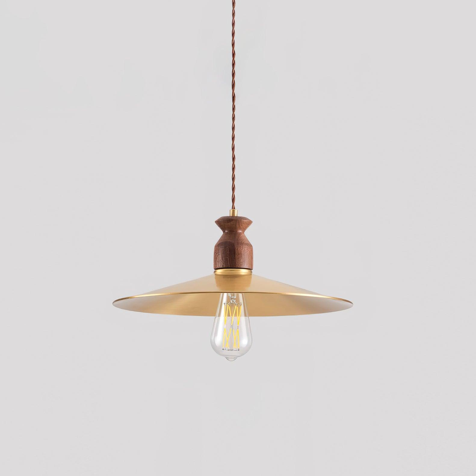 Pendant Lamp Scalloped Brass Shade Walnut Wood Vintage - Letslighting