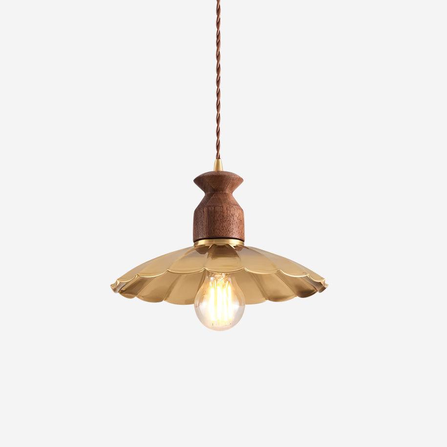 Pendant Lamp Scalloped Brass Shade Walnut Wood Vintage - Letslighting