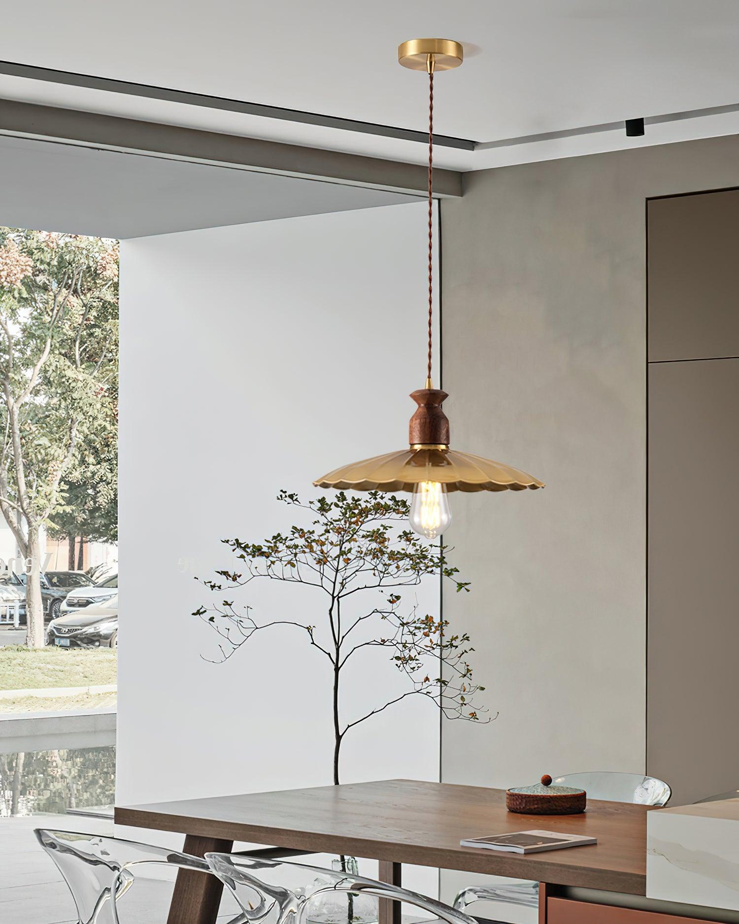 Pendant Lamp Scalloped Brass Shade Walnut Wood Vintage - Letslighting