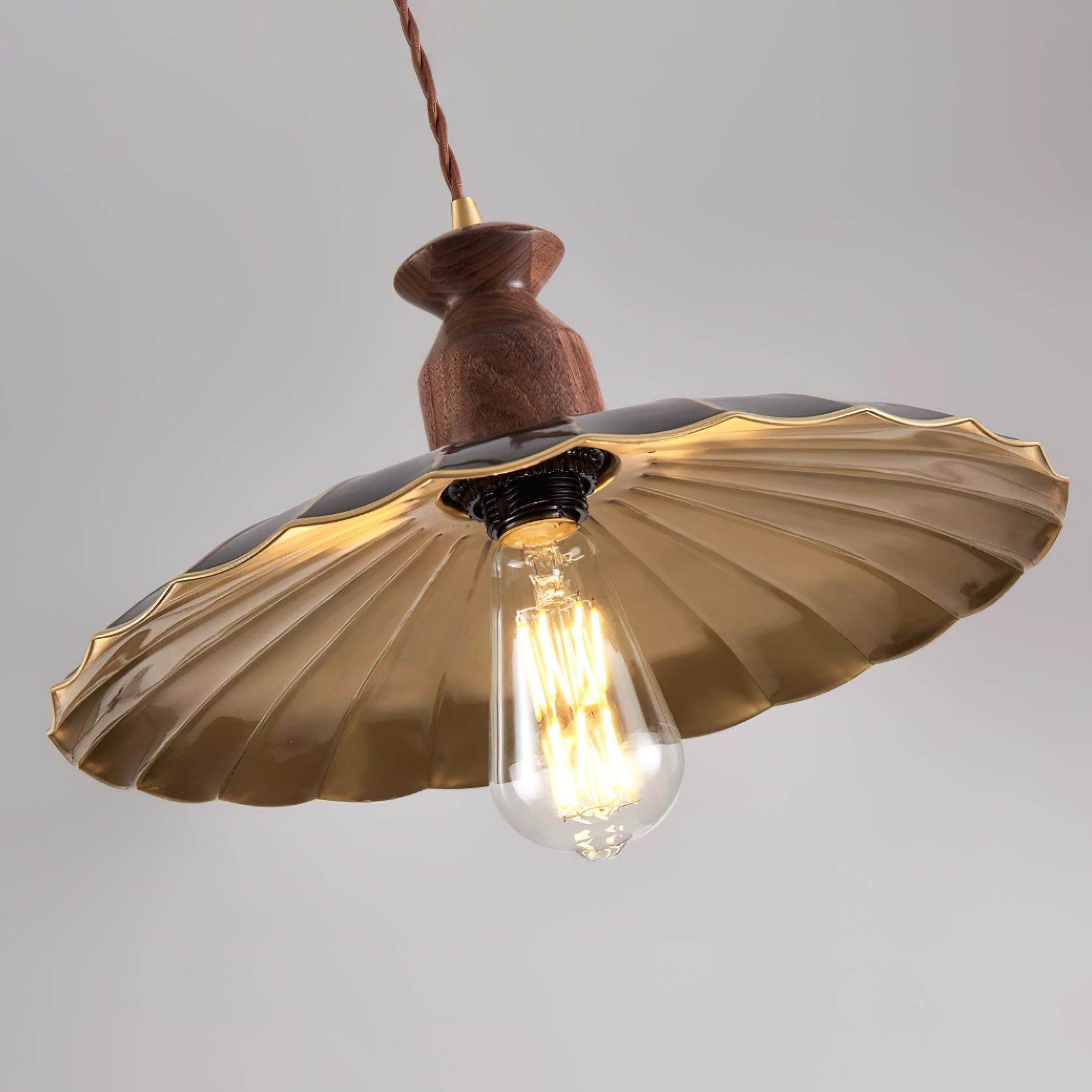 Pendant Lamp Scalloped Brass Shade Walnut Wood Vintage - Letslighting
