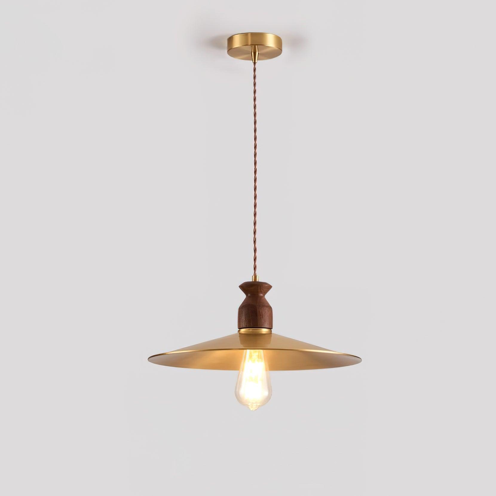 Pendant Lamp Scalloped Brass Shade Walnut Wood Vintage - Letslighting