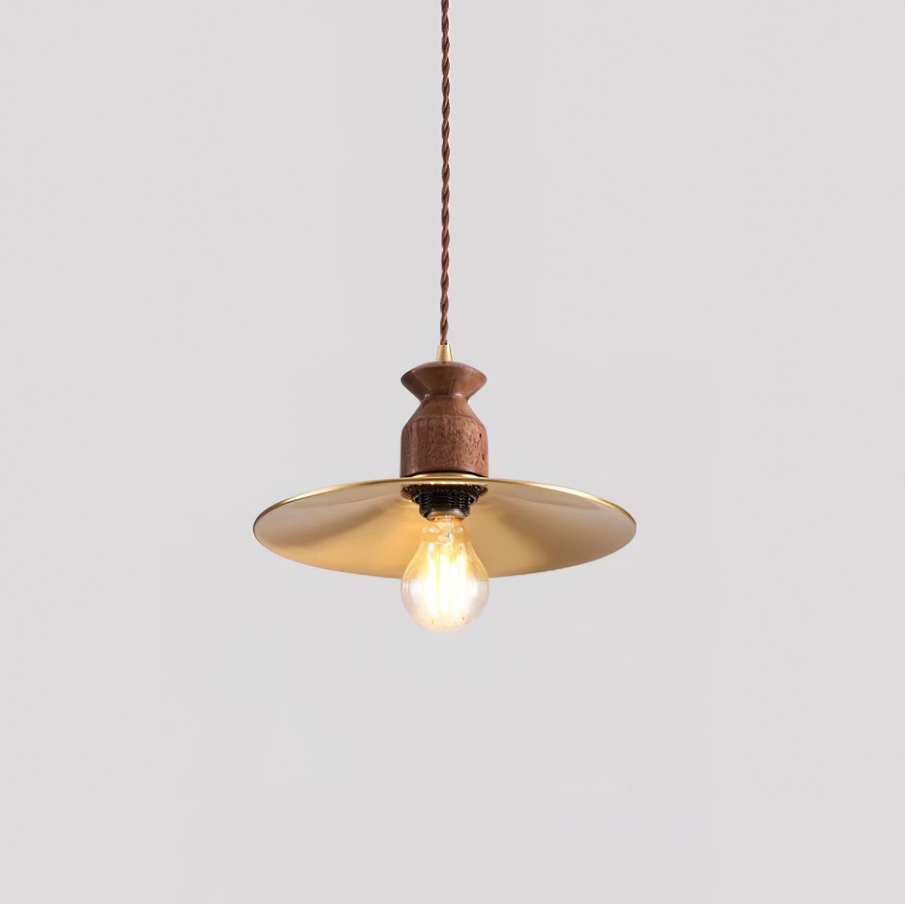 Pendant Lamp Scalloped Brass Shade Walnut Wood Vintage - Letslighting