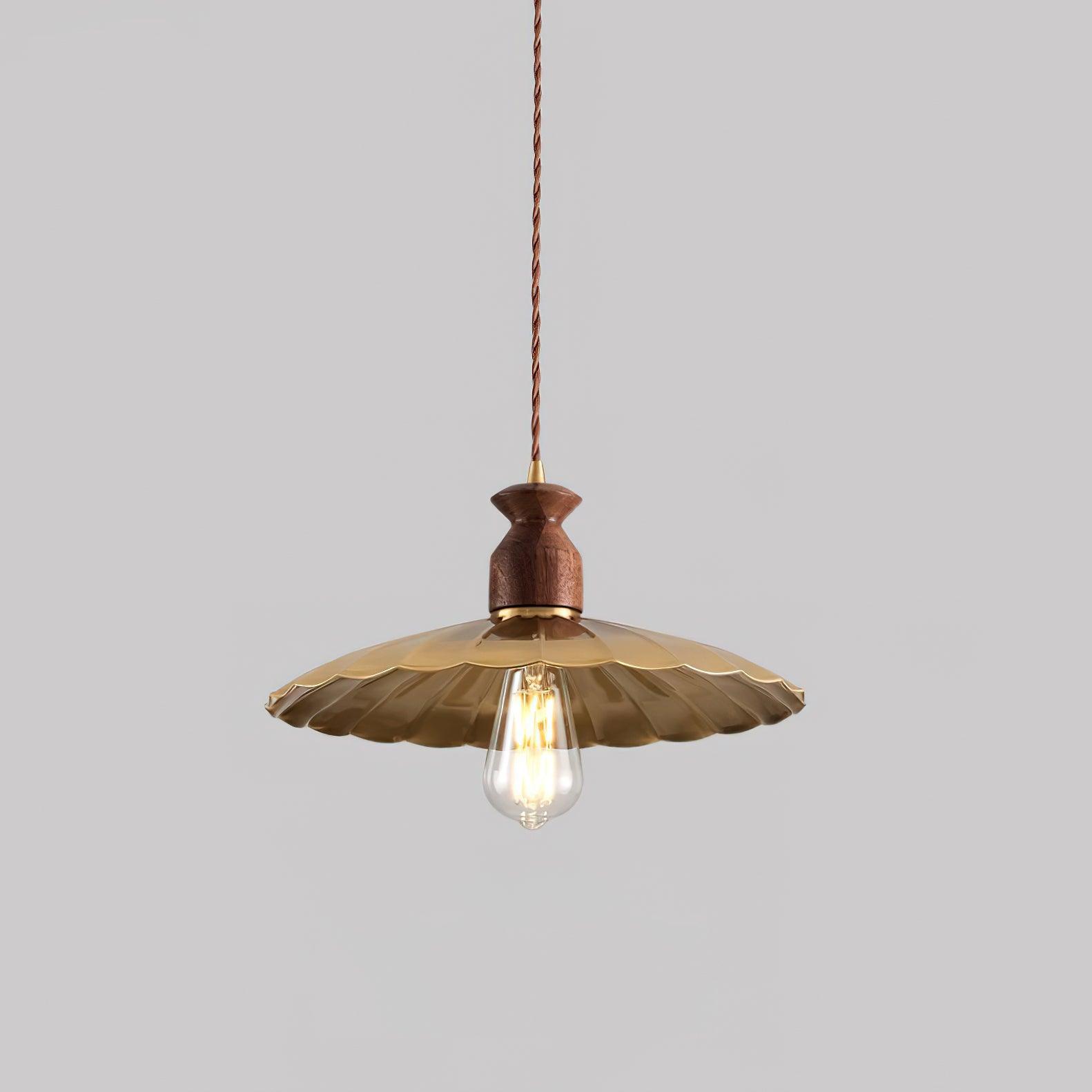 Pendant Lamp Scalloped Brass Shade Walnut Wood Vintage - Letslighting