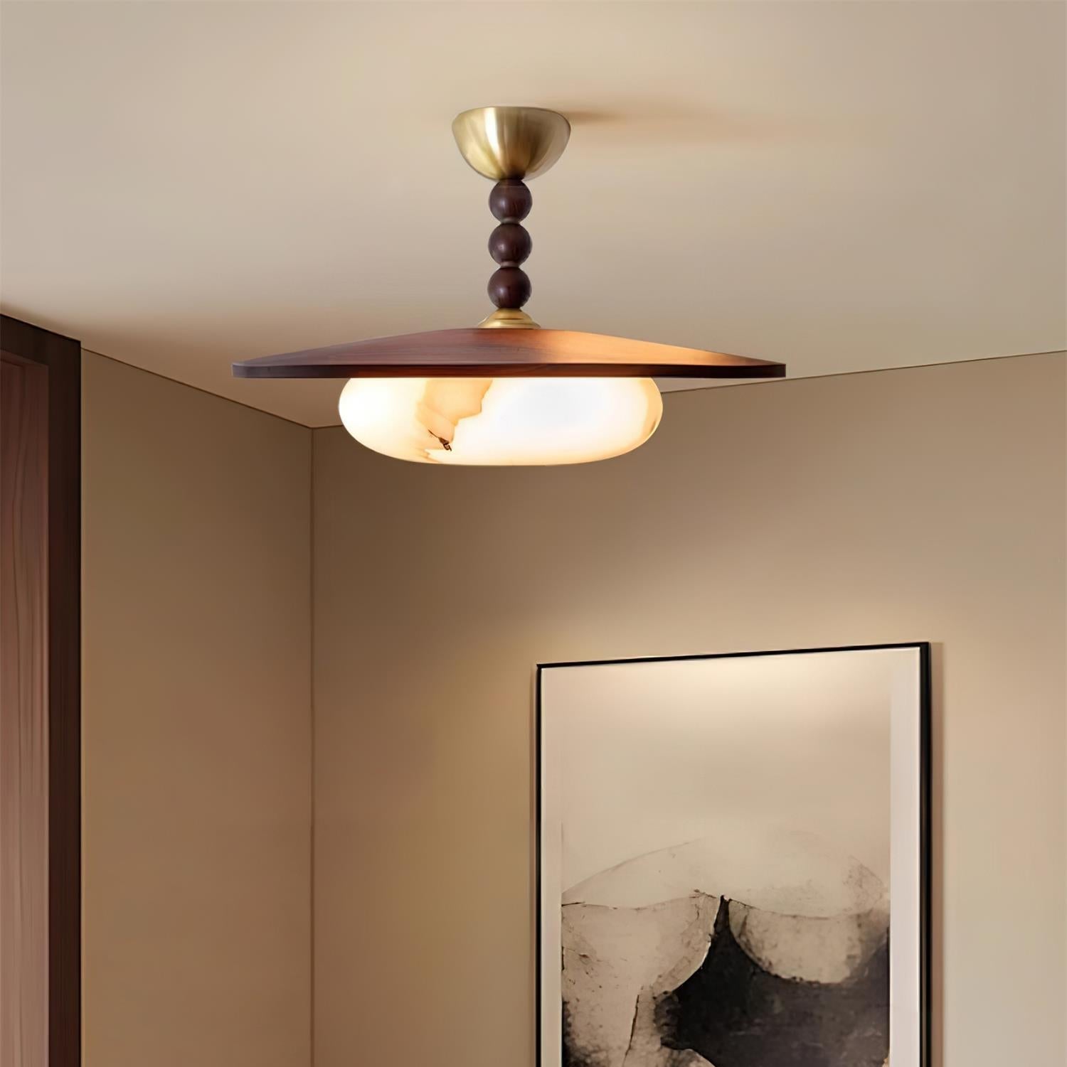 Yeste Plafonnier couleur noyer et imitation albâtre blanche
