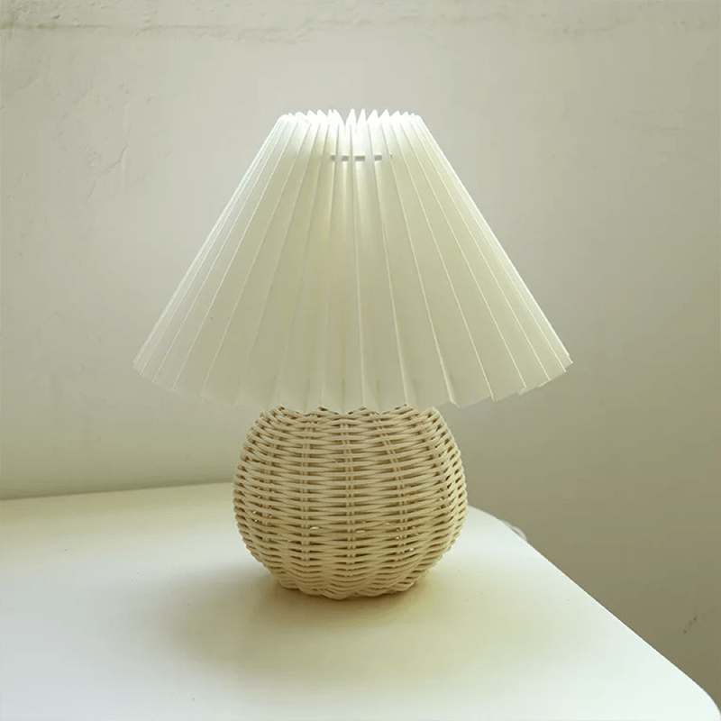 Muto Lampe de Table Vintage, Céramique/Rotin/Bois/Tissu, Blanc/Beige, Chambre - Neutralighting
