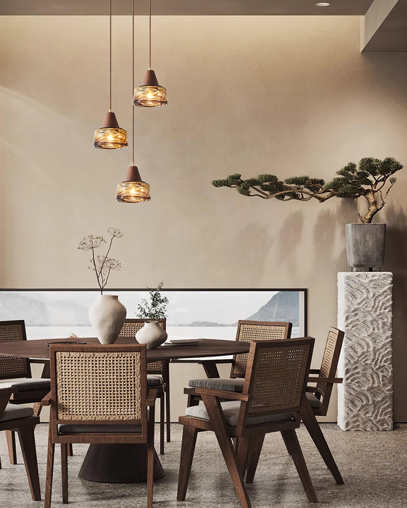 Pendant Lamp Amber Glass Shade Wood Top Vintage Artistic - Letslighting