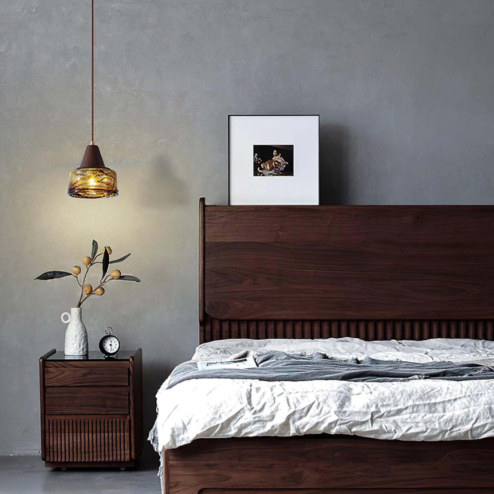 Pendant Lamp Amber Glass Shade Wood Top Vintage Artistic - Letslighting